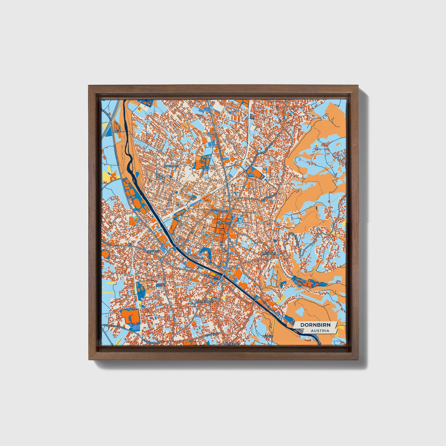 Dornbirn Austria Colorful City Map Canvas Print • Dark Wooden Framed