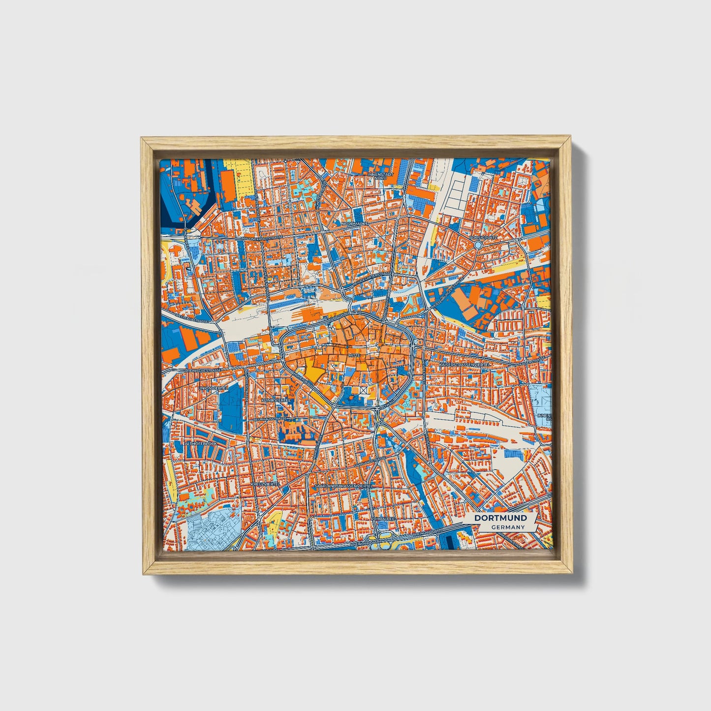 Dortmund Germany Colorful City Map Canvas Print • Natural Wooden Framed