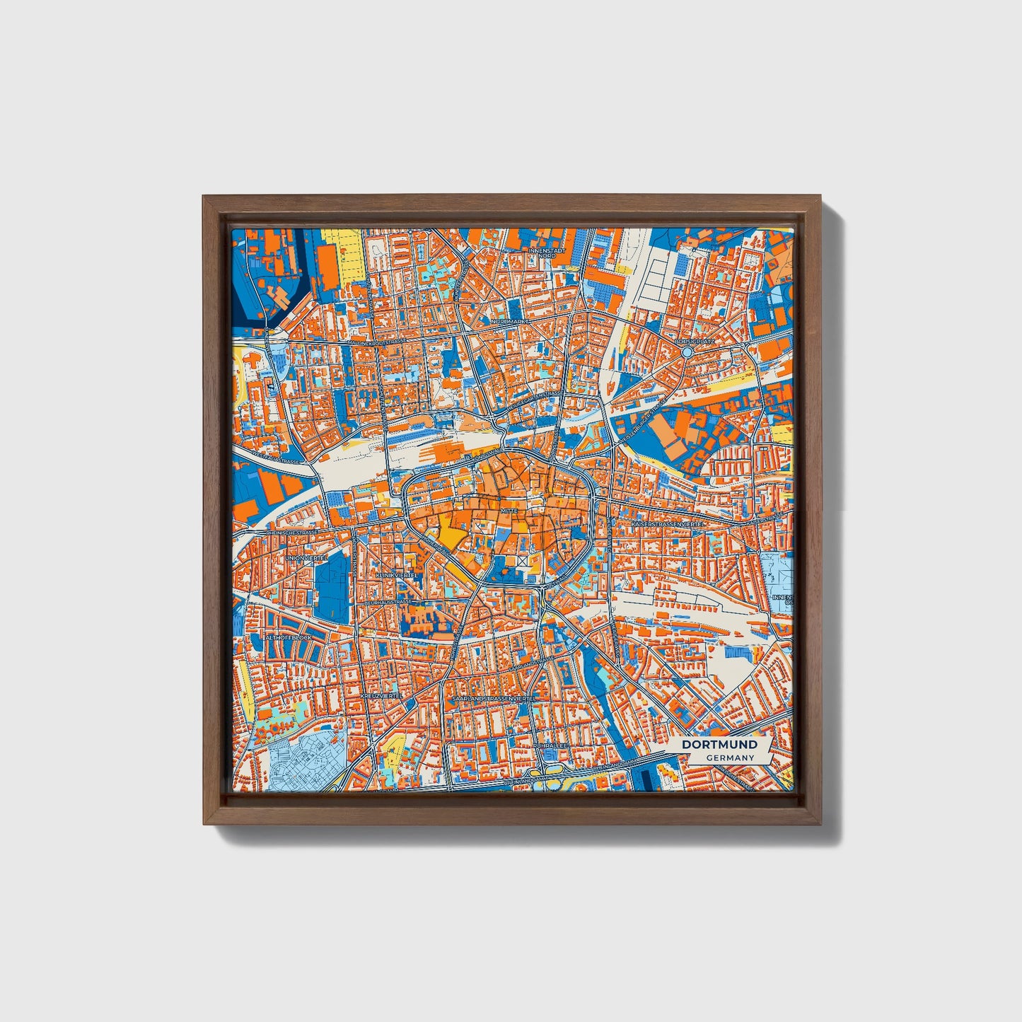 Dortmund Germany Colorful City Map Canvas Print • Dark Wooden Framed