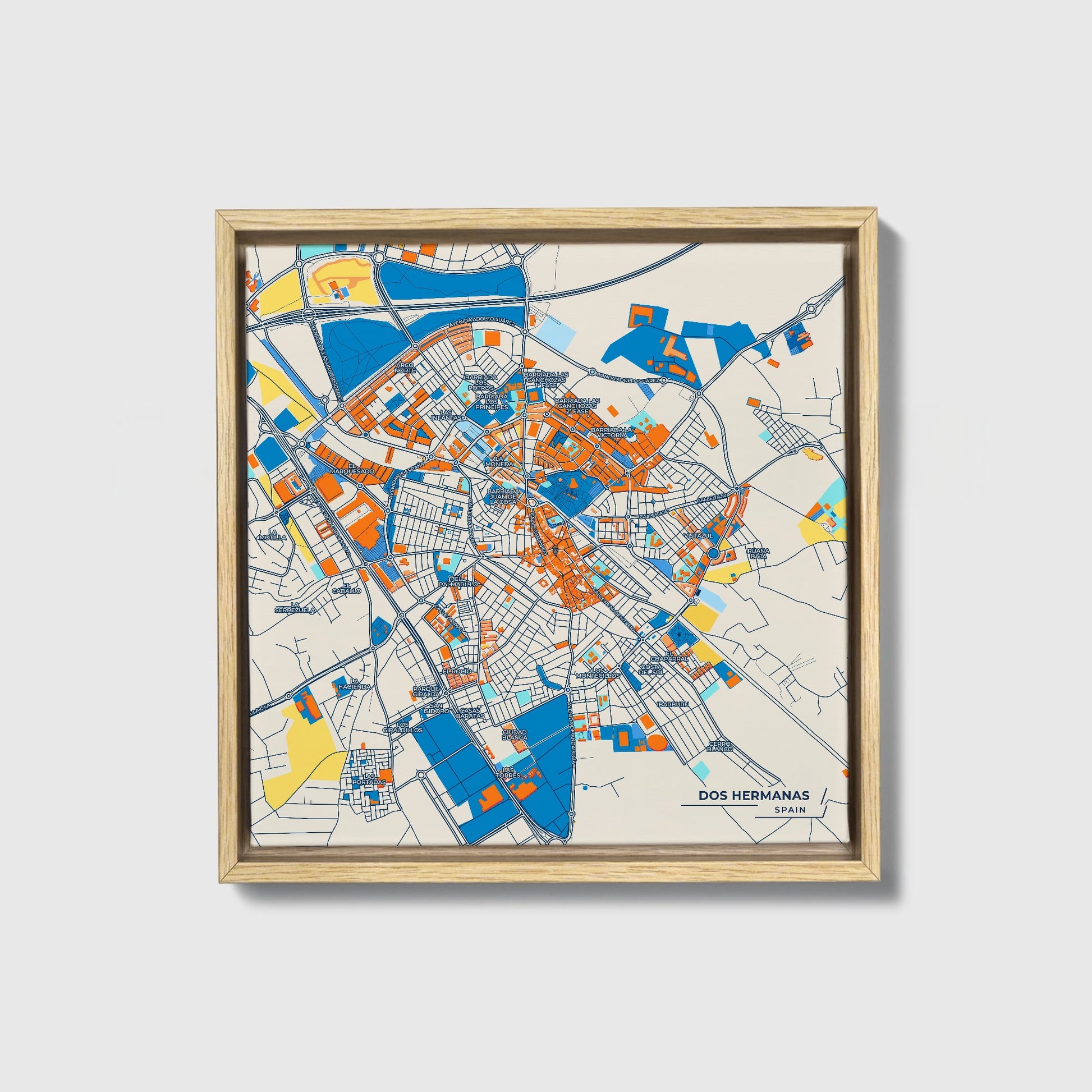 Dos Hermanas Spain Colorful City Map Canvas Print • Natural Wooden Framed