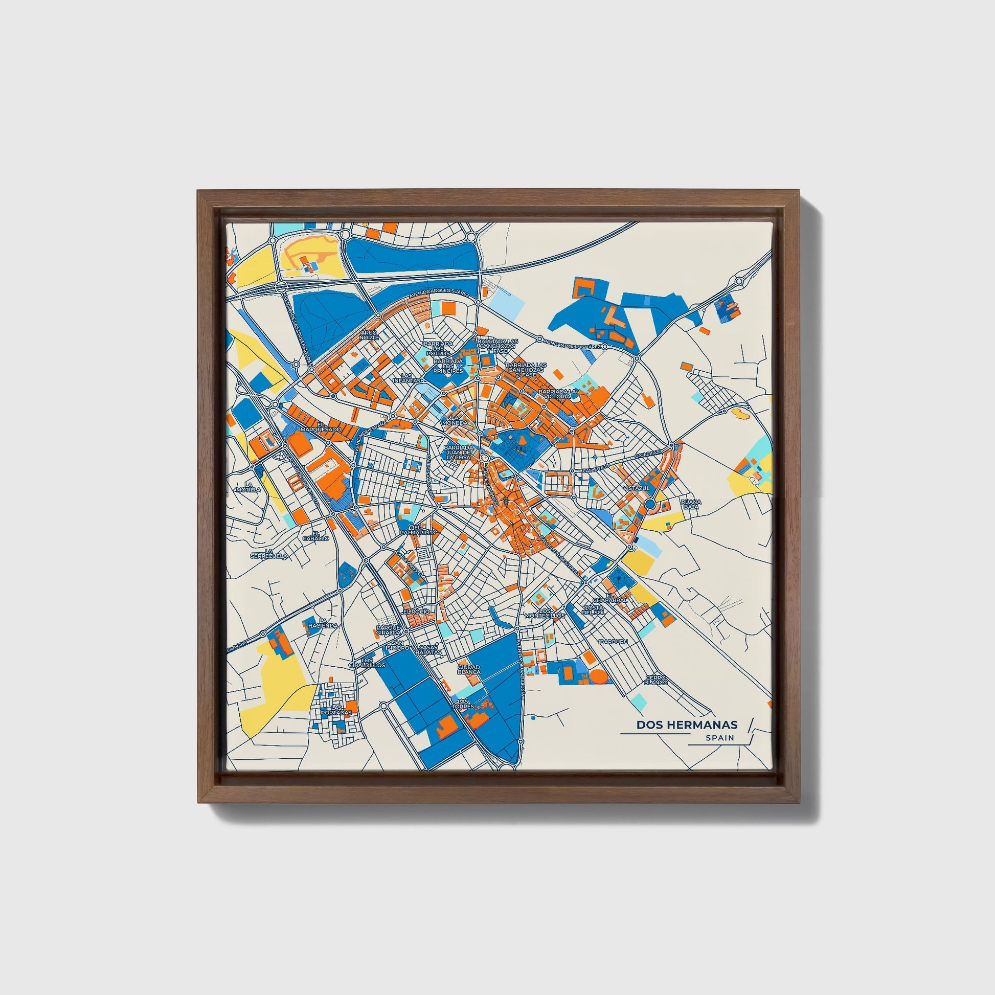 Dos Hermanas Spain Colorful City Map Canvas Print • Dark Wooden Framed