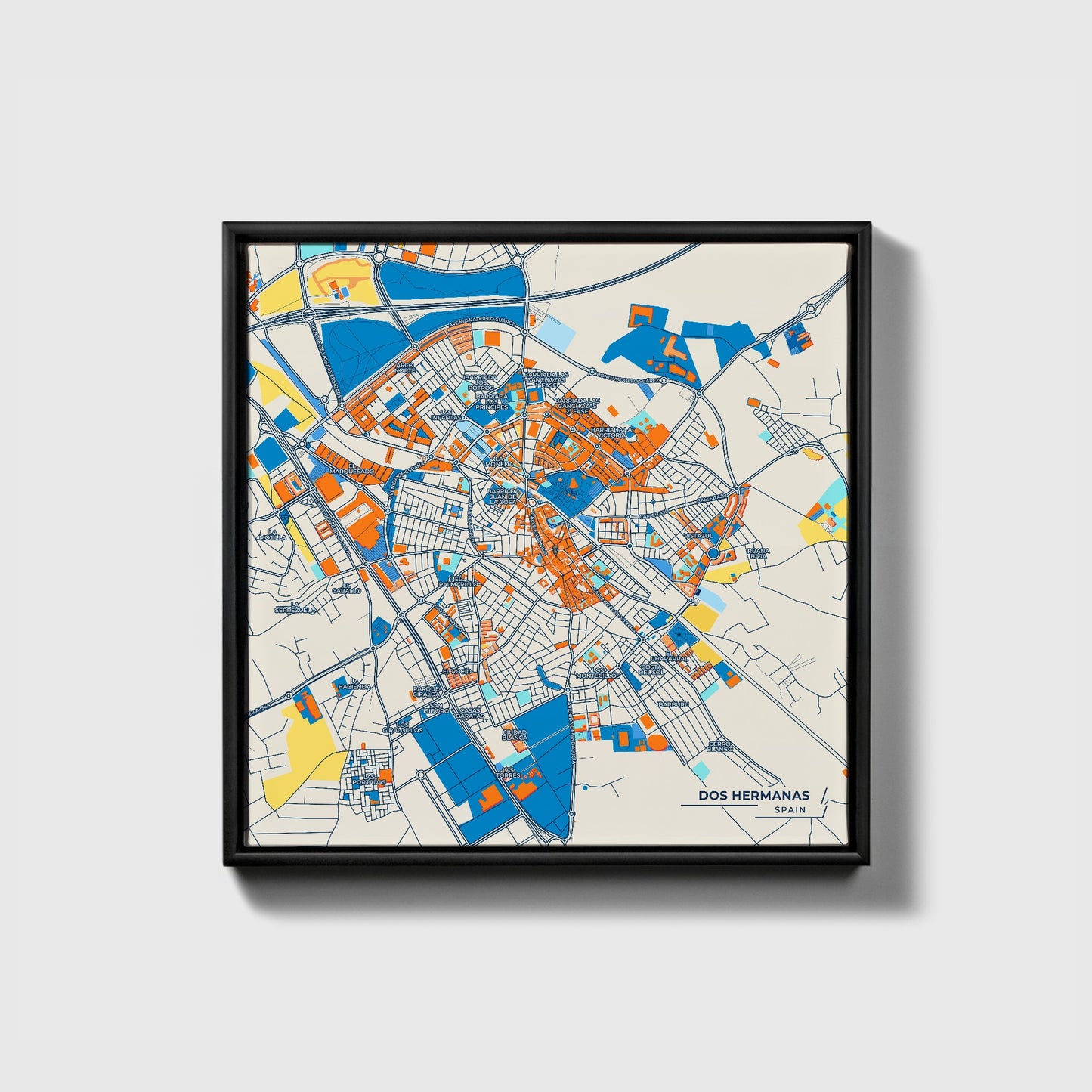 Dos Hermanas Spain Colorful City Map Canvas Print • Black Framed