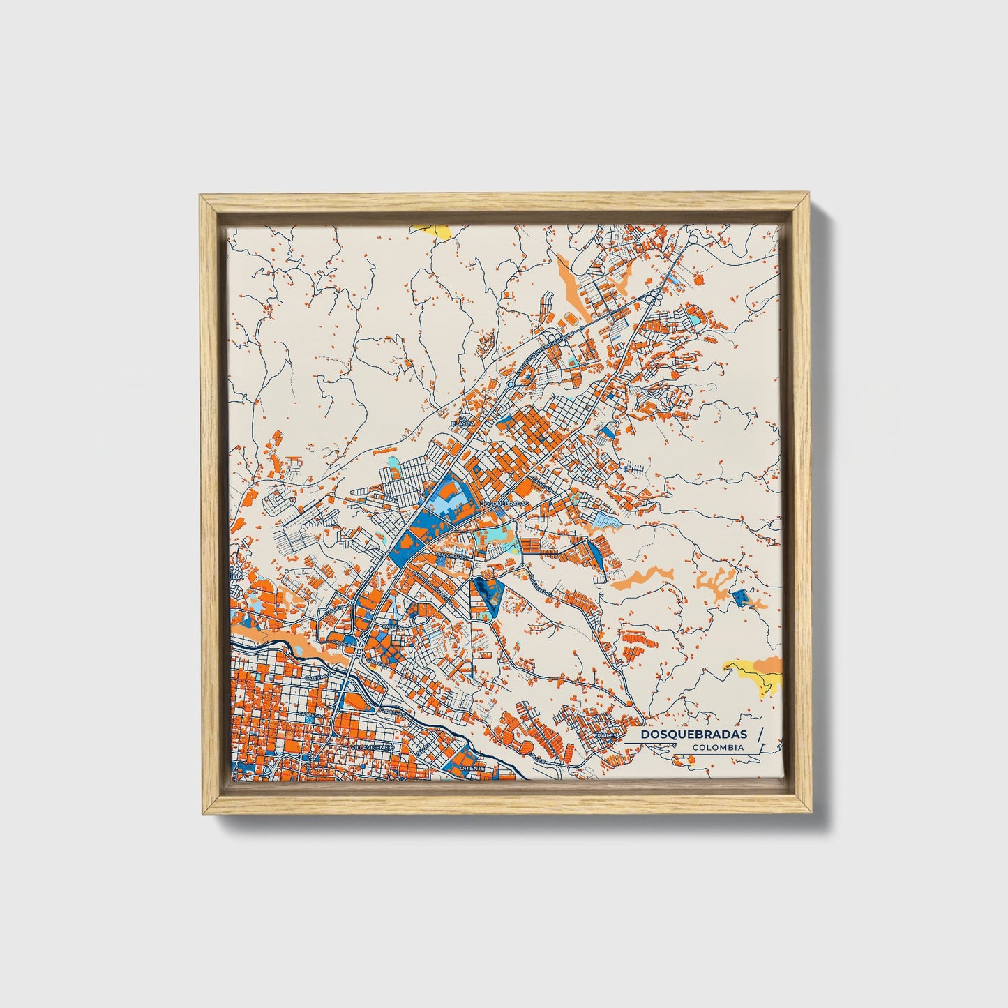 Dosquebradas Colombia Colorful City Map Canvas Print • Natural Wooden Framed