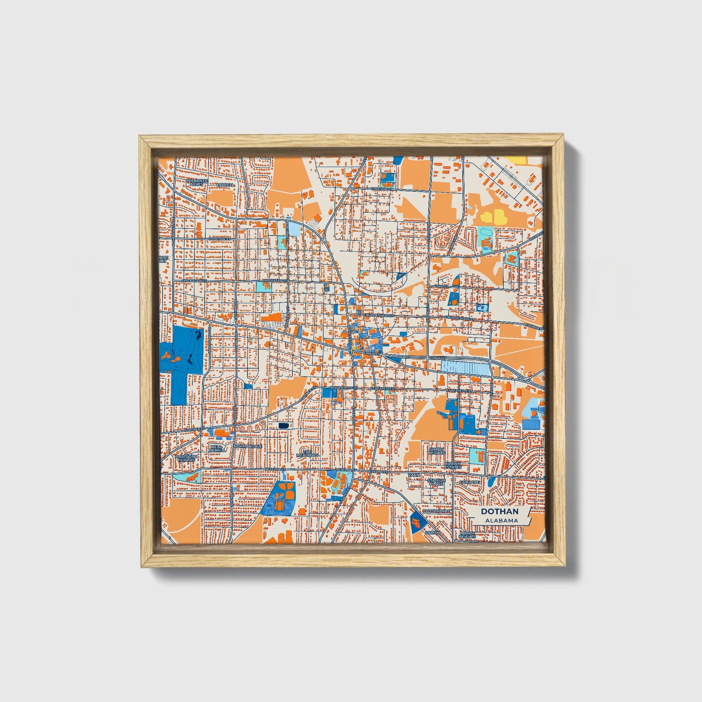 Dothan Alabama Colorful City Map Canvas Print • Natural Wooden Framed