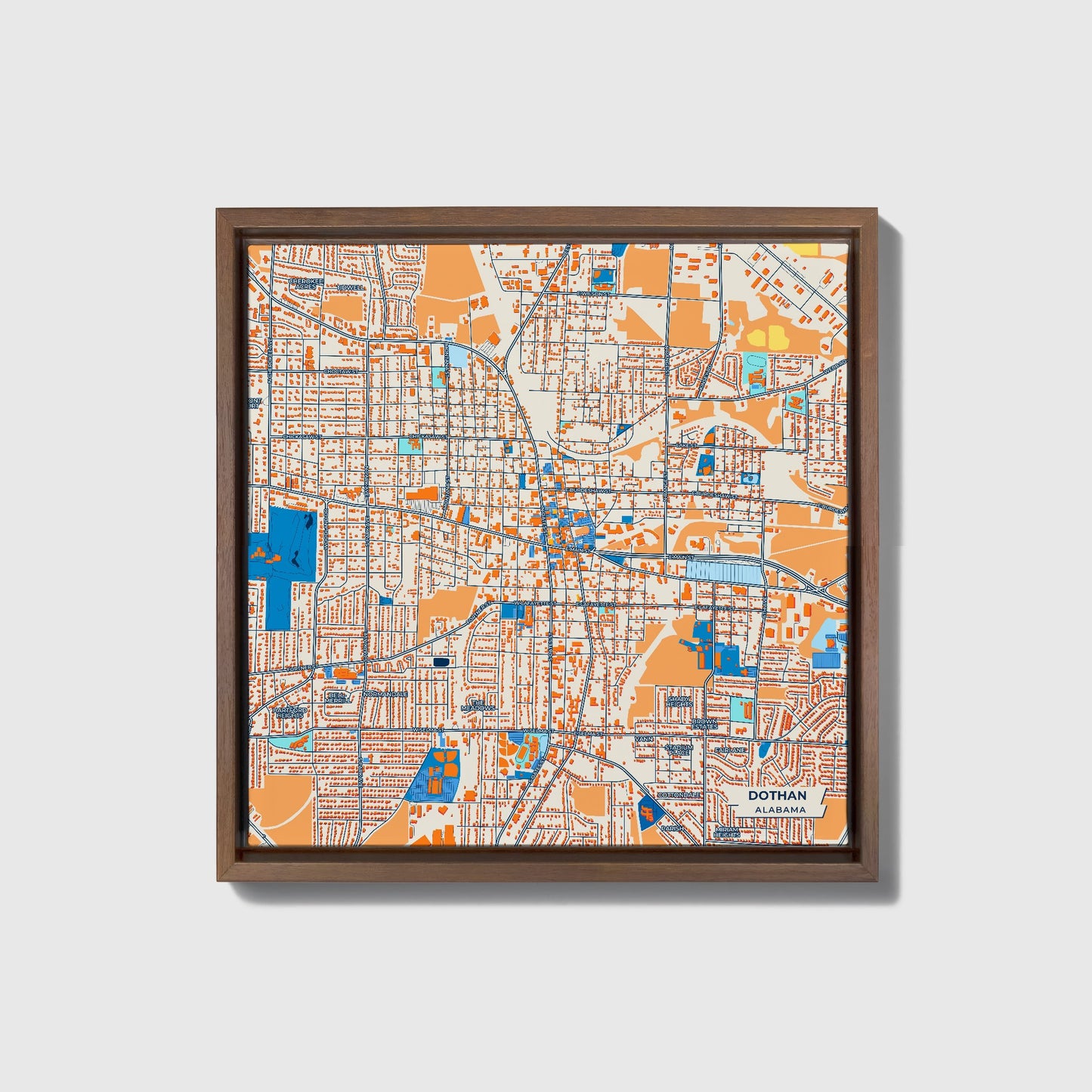 Dothan Alabama Colorful City Map Canvas Print • Dark Wooden Framed