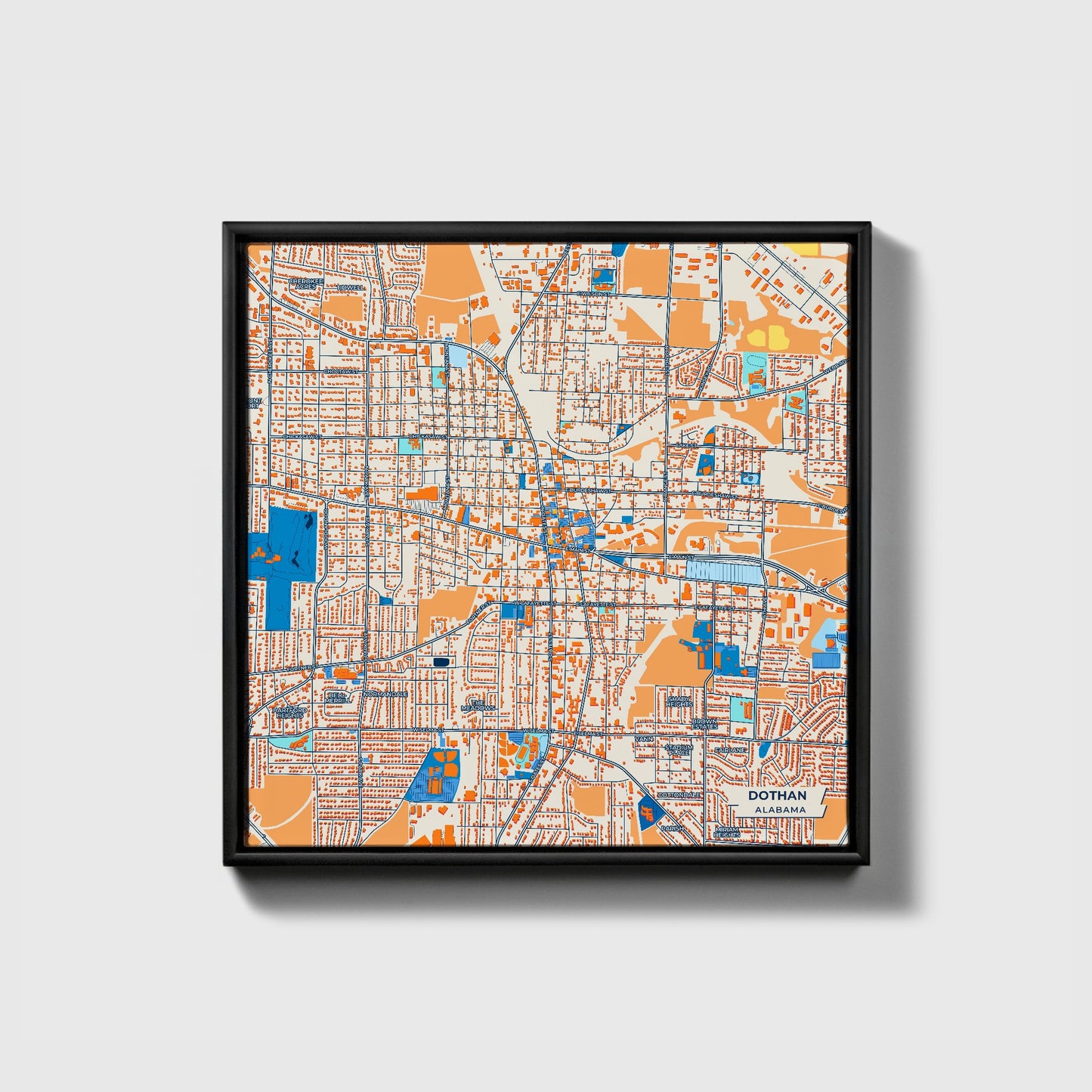Dothan Alabama Colorful City Map Canvas Print • Black Framed