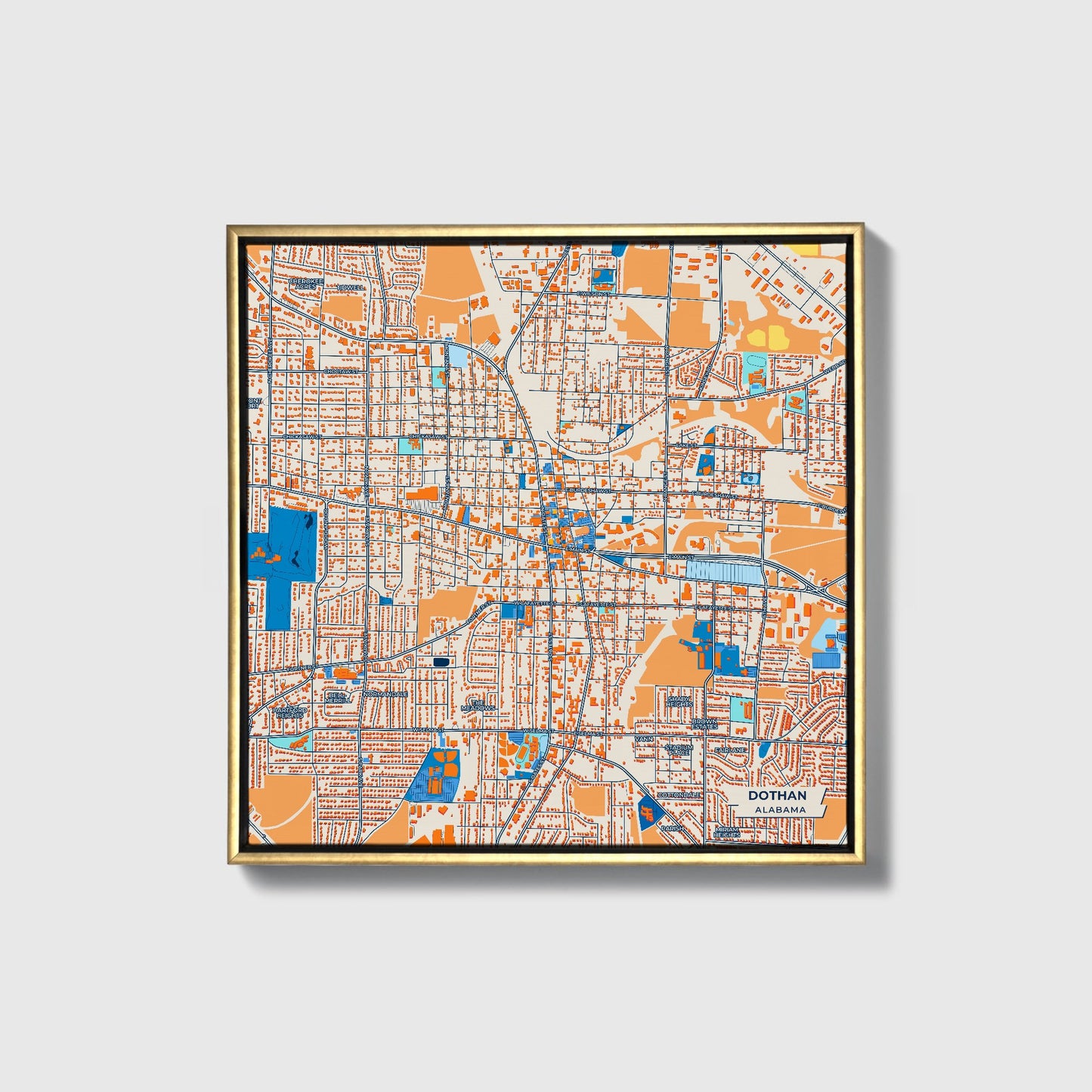 Dothan Alabama Colorful City Map Canvas Print • Gold Framed