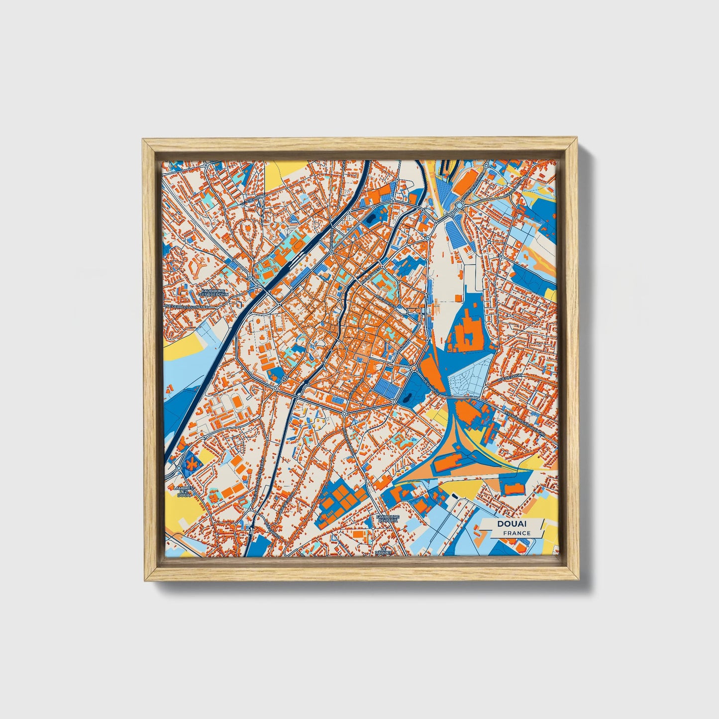 Douai France Colorful City Map Canvas Print • Natural Wooden Framed