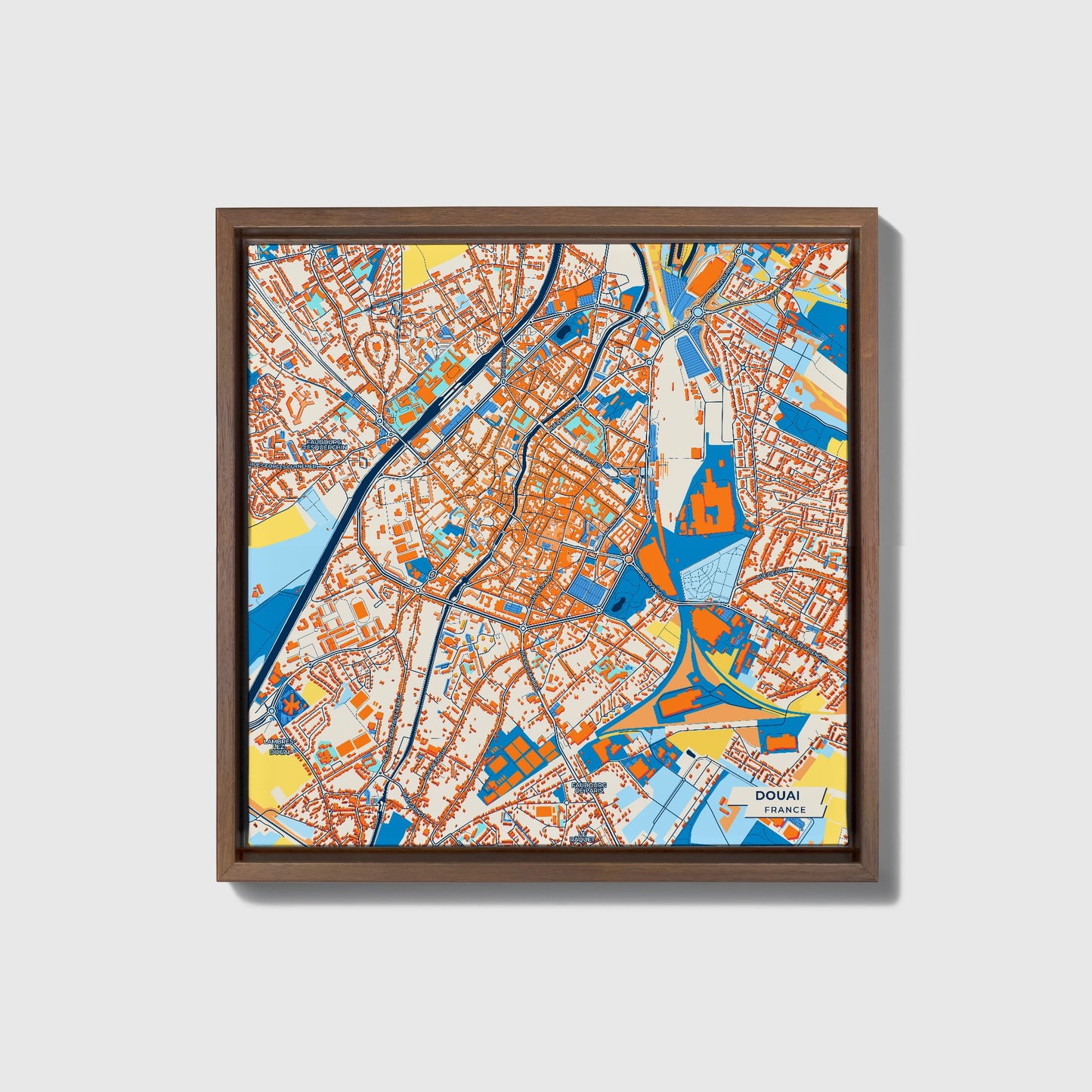 Douai France Colorful City Map Canvas Print • Dark Wooden Framed