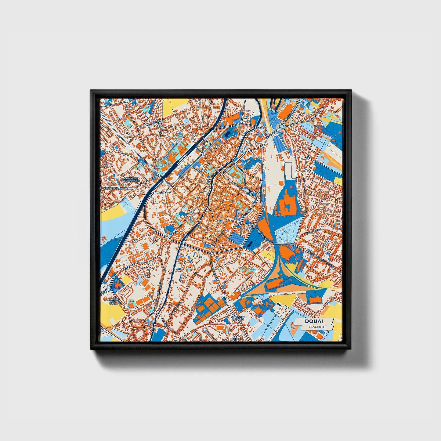 Douai France Colorful City Map Canvas Print • Black Framed