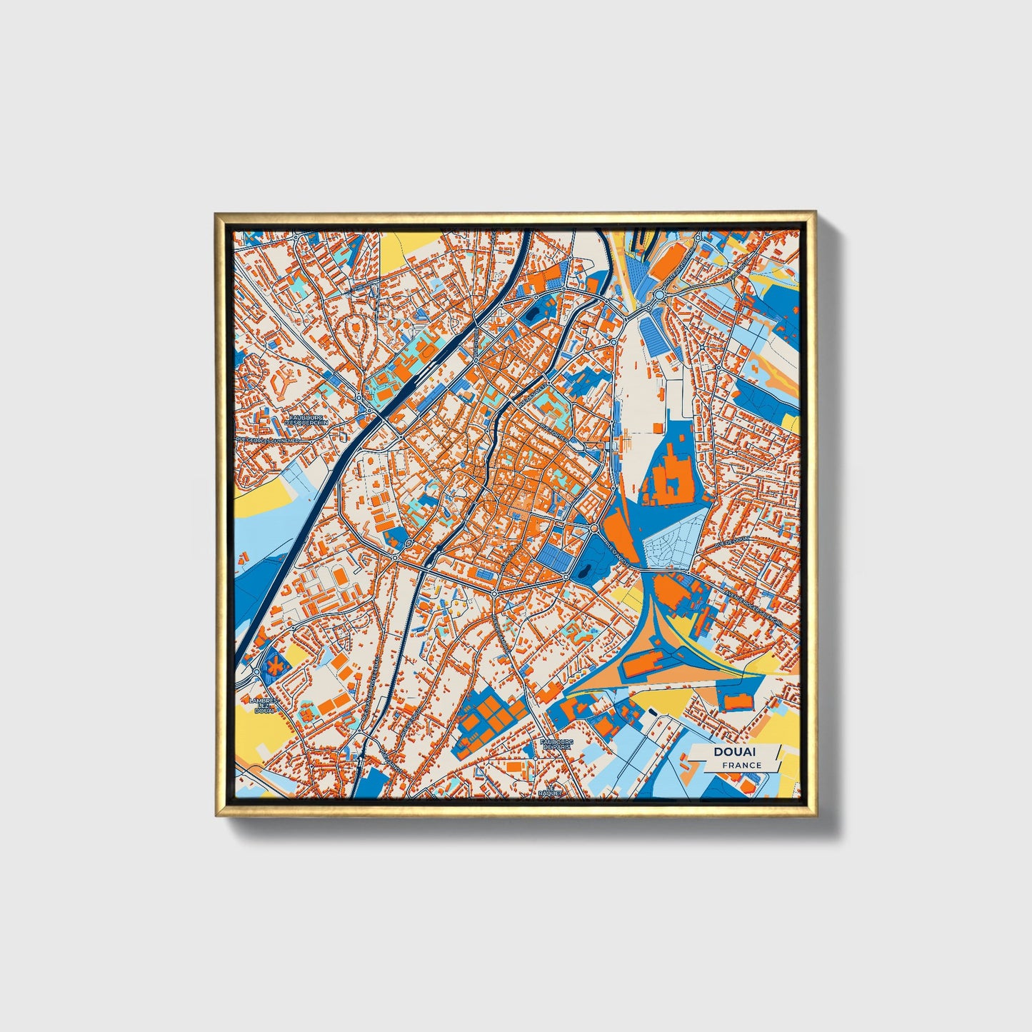 Douai France Colorful City Map Canvas Print • Gold Framed
