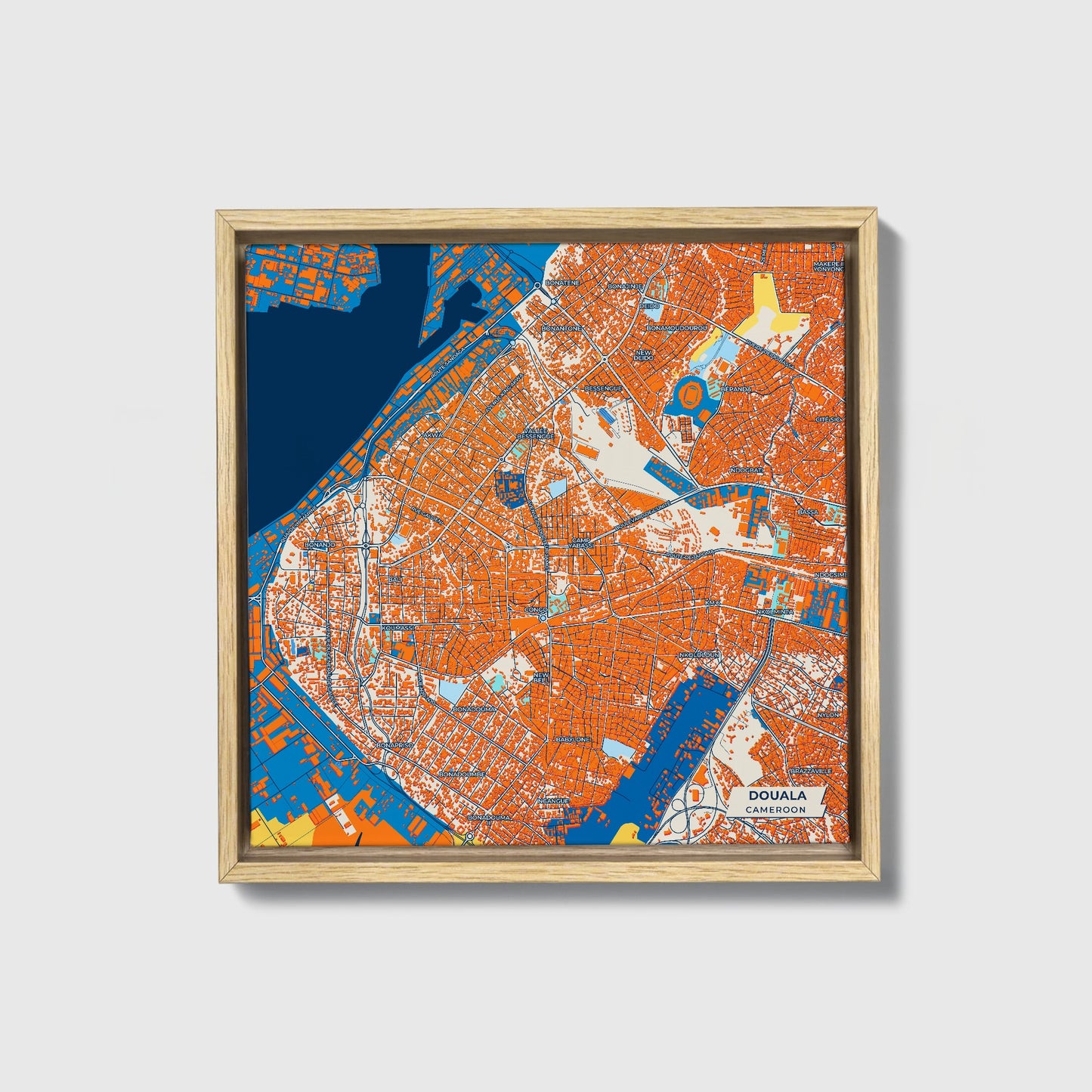 Douala Cameroon Colorful City Map Canvas Print • Natural Wooden Framed