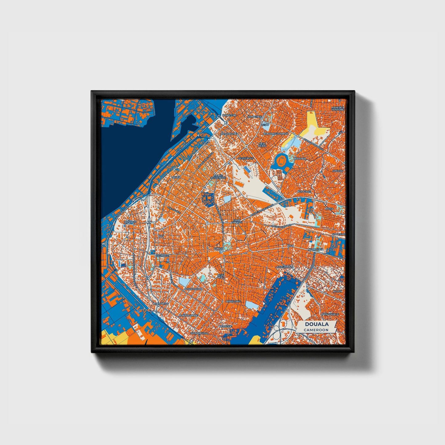 Douala Cameroon Colorful City Map Canvas Print • Black Framed