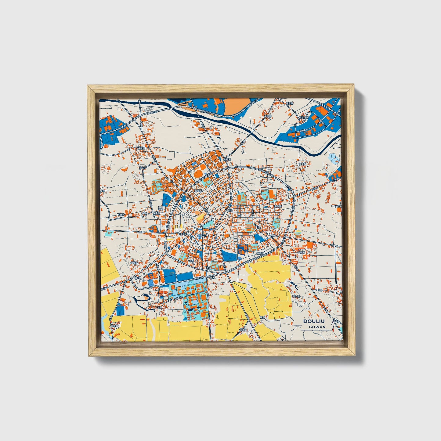 Douliu Taiwan Colorful City Map Canvas Print • Natural Wooden Framed