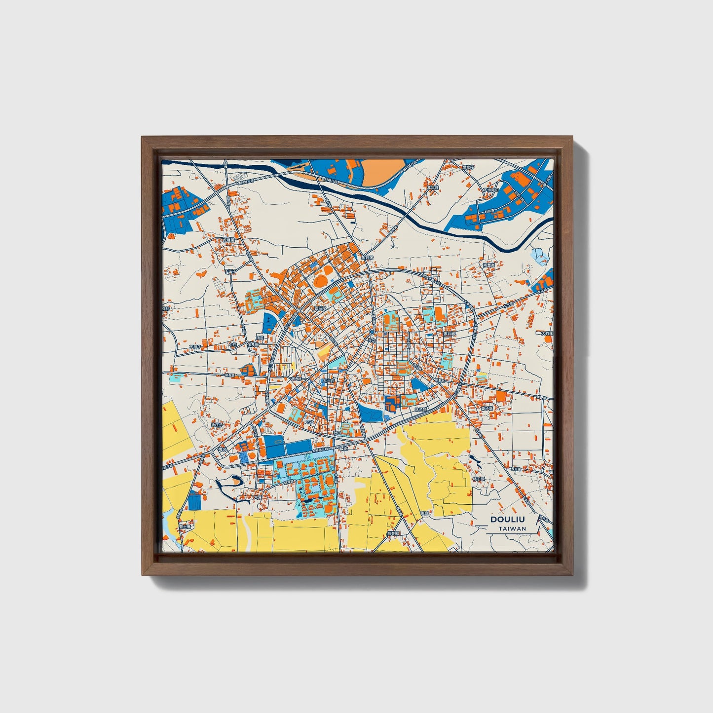 Douliu Taiwan Colorful City Map Canvas Print • Dark Wooden Framed