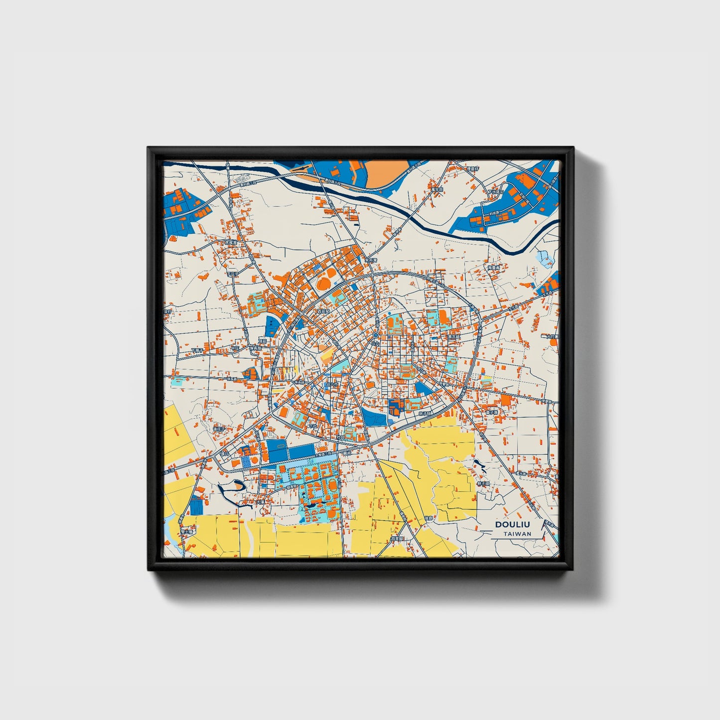 Douliu Taiwan Colorful City Map Canvas Print • Black Framed