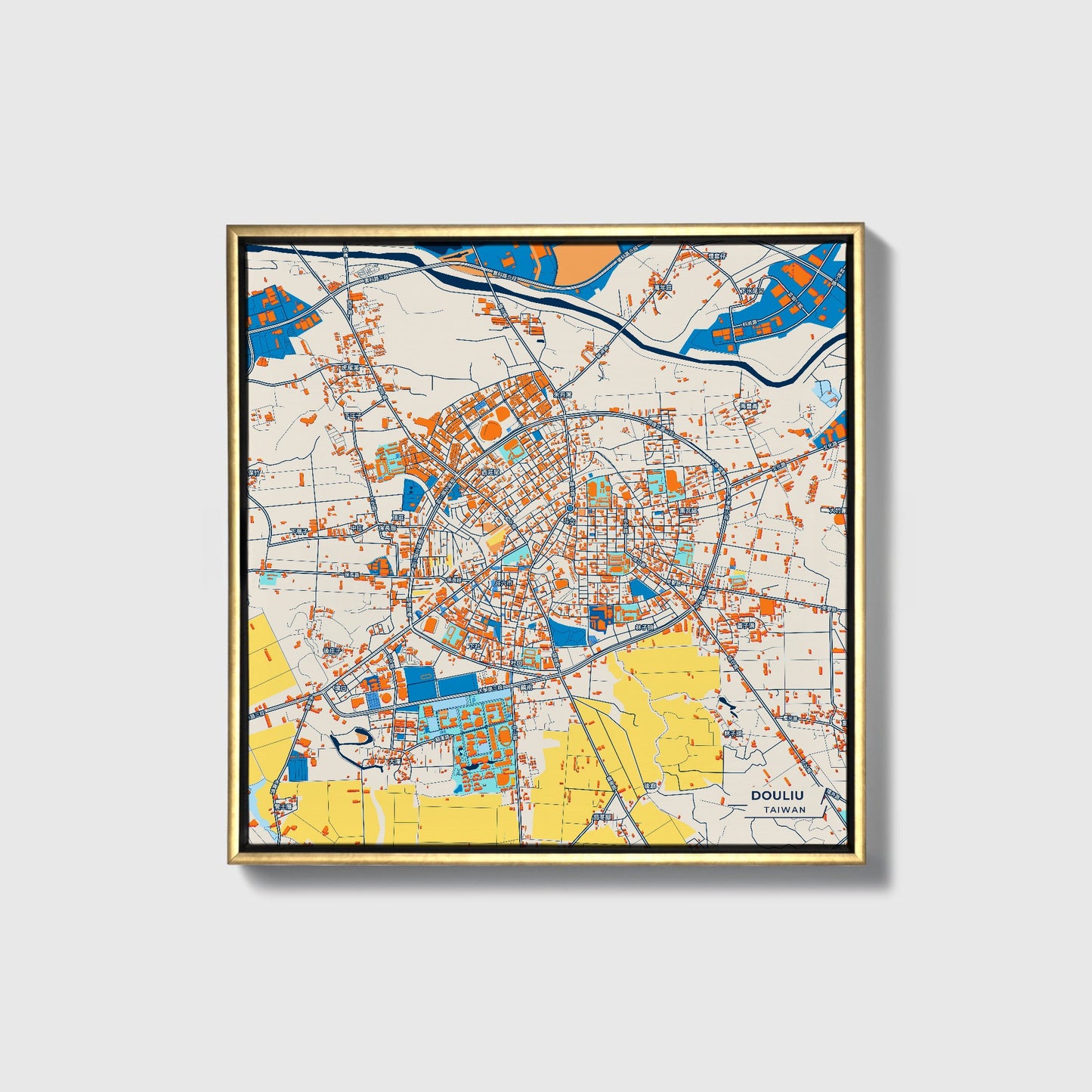 Douliu Taiwan Colorful City Map Canvas Print • Gold Framed