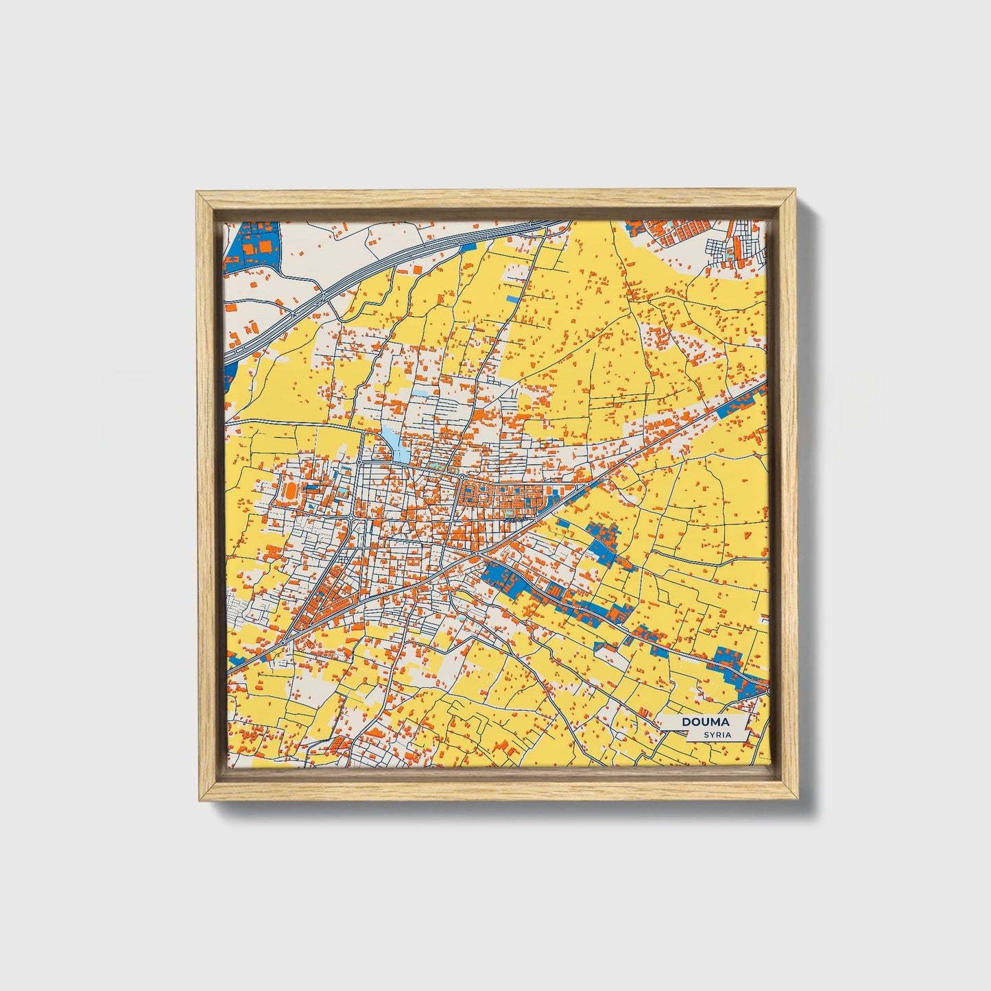 Douma Syria Colorful City Map Canvas Print • Natural Wooden Framed