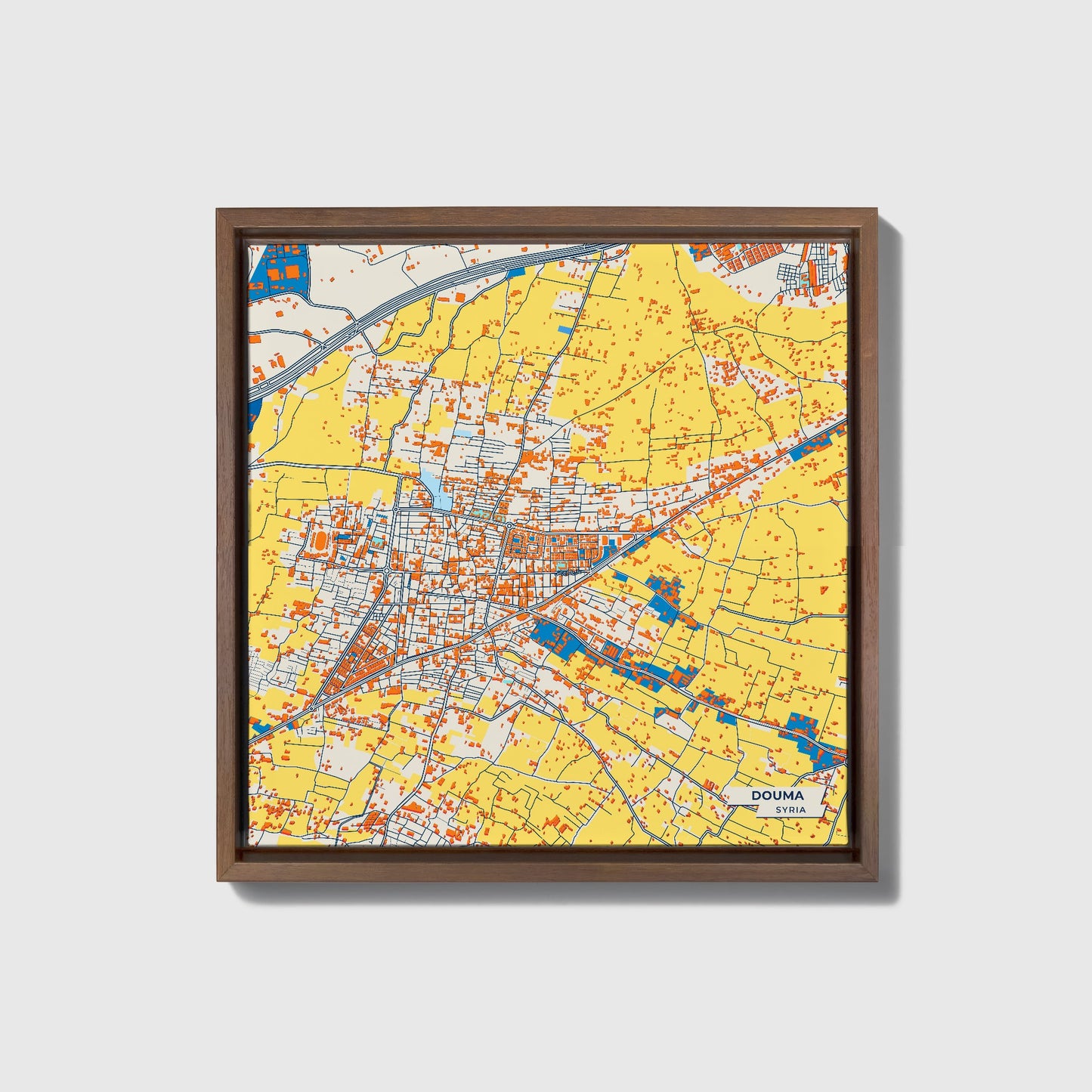 Douma Syria Colorful City Map Canvas Print • Dark Wooden Framed