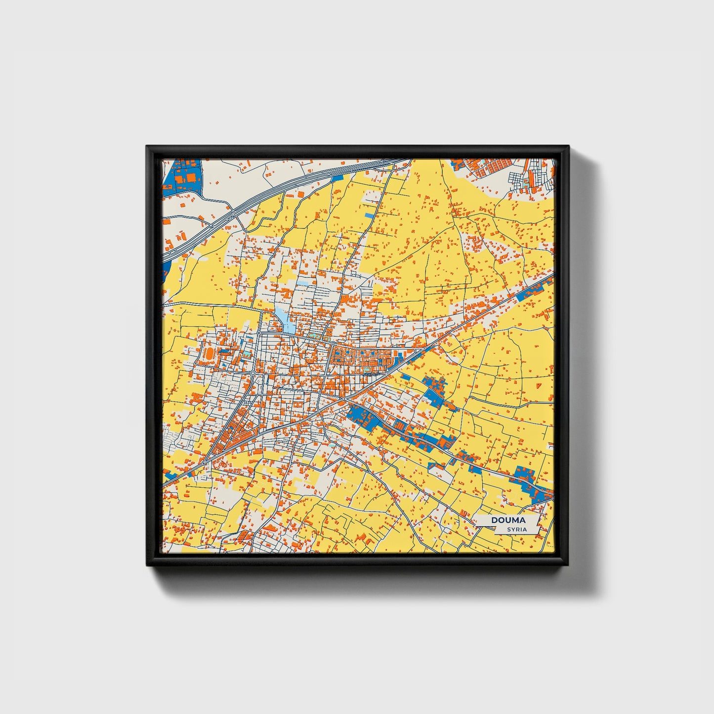 Douma Syria Colorful City Map Canvas Print • Black Framed