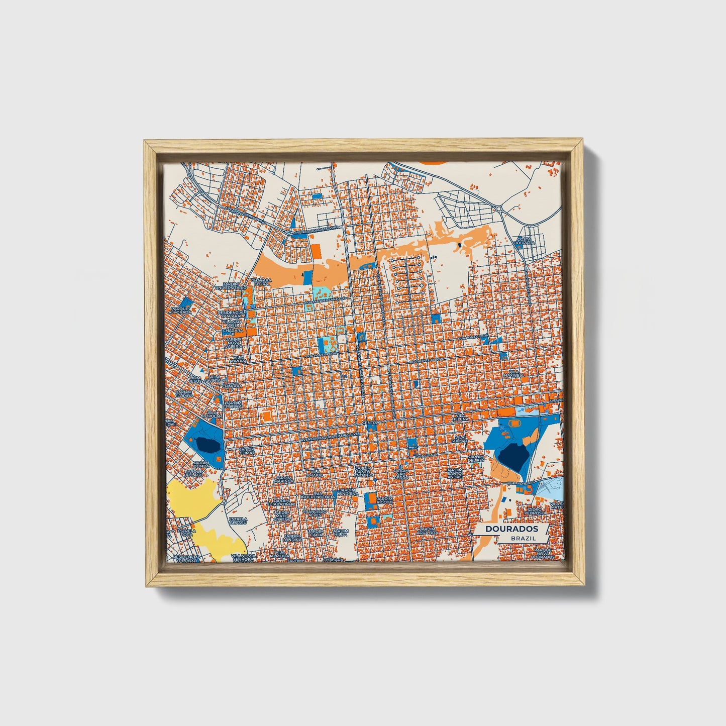 Dourados Brazil Colorful City Map Canvas Print • Natural Wooden Framed