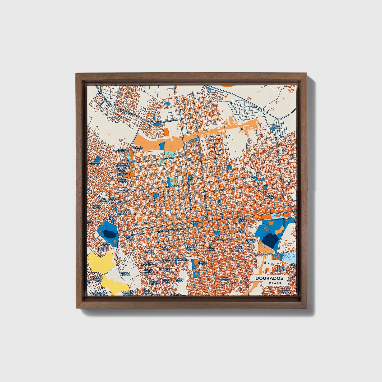 Dourados Brazil Colorful City Map Canvas Print • Dark Wooden Framed