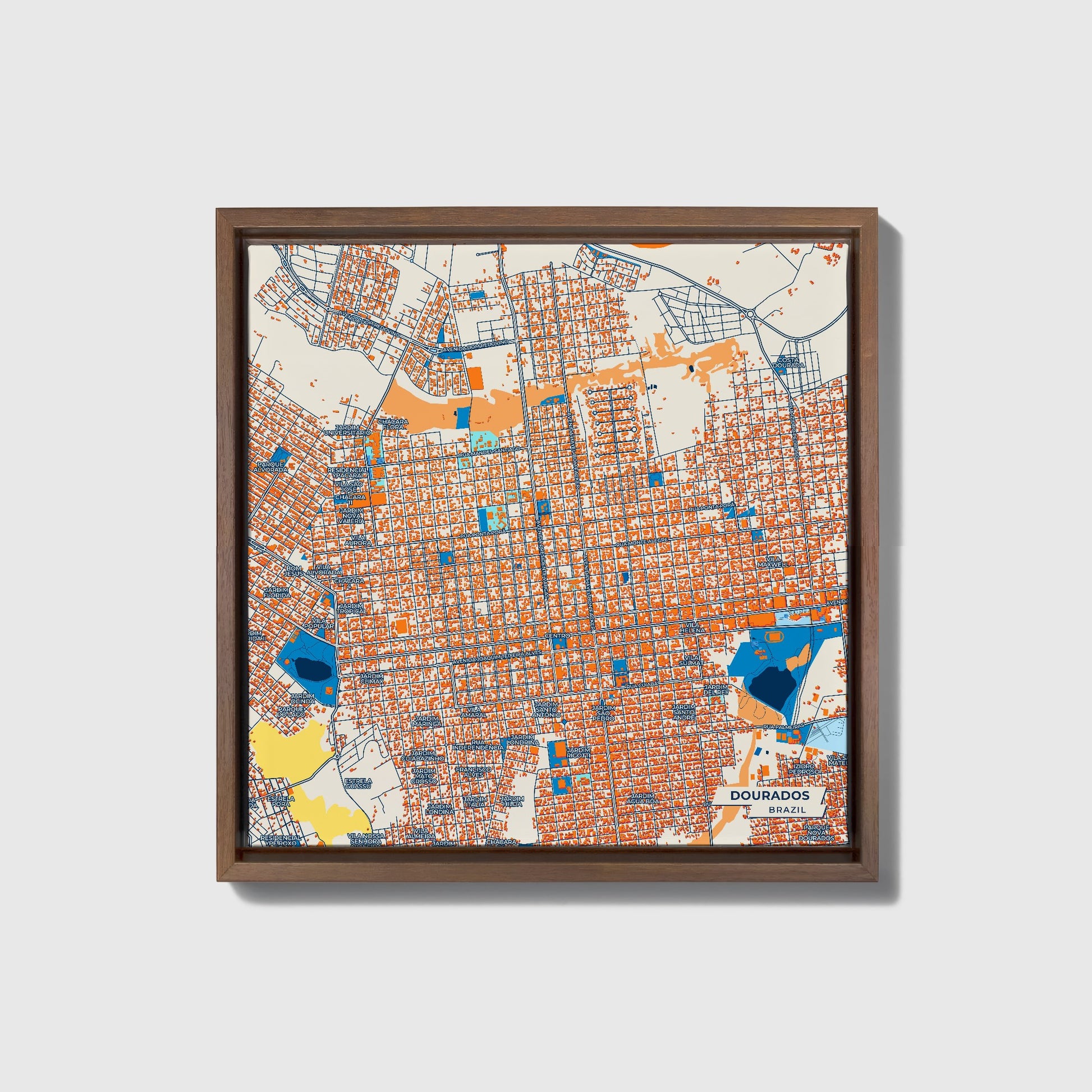 Dourados Brazil Colorful City Map Canvas Print • Dark Wooden Framed