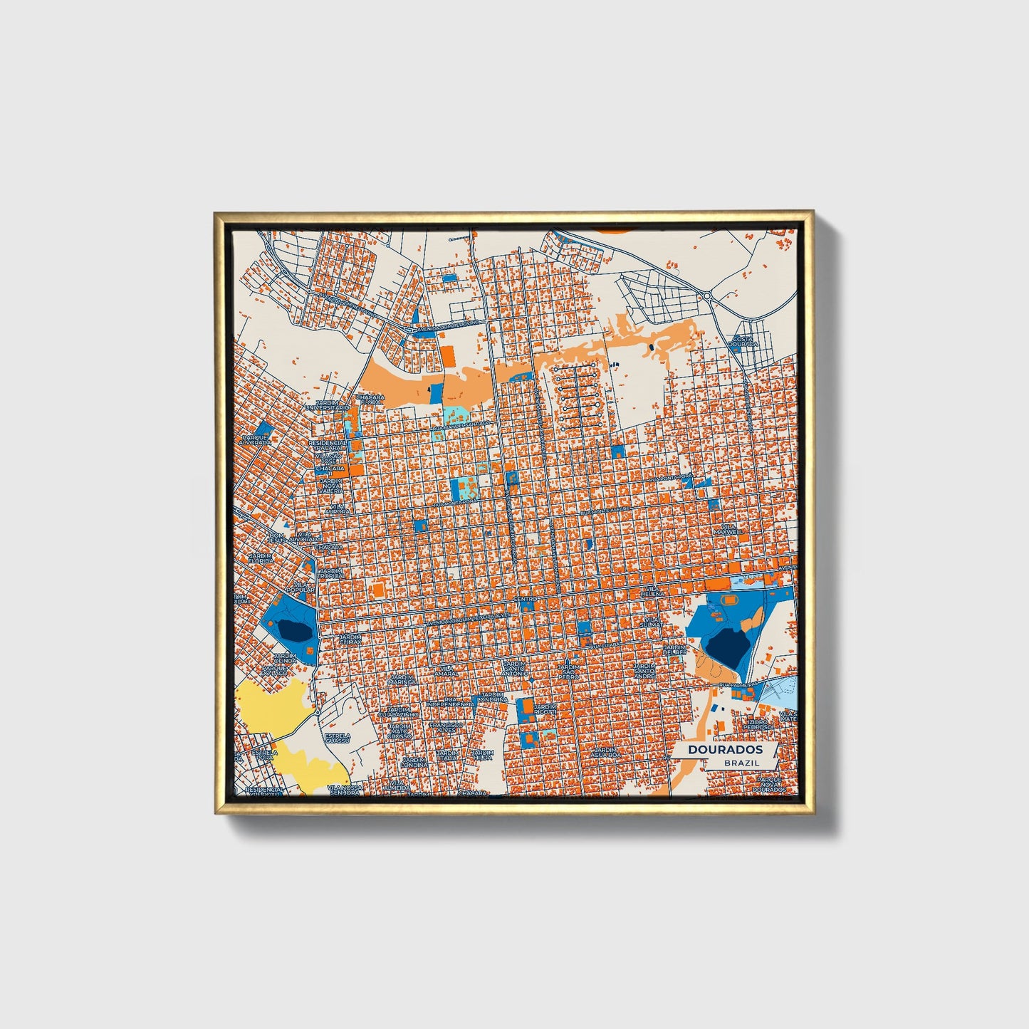 Dourados Brazil Colorful City Map Canvas Print • Gold Framed