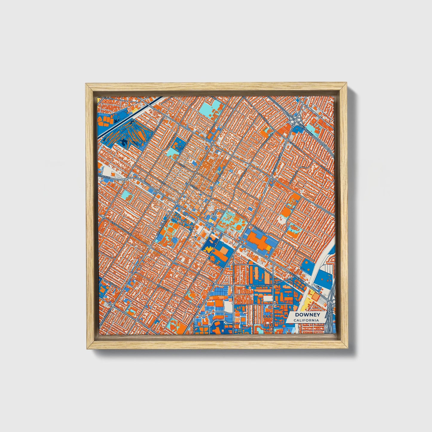 Downey California Colorful City Map Canvas Print • Natural Wooden Framed