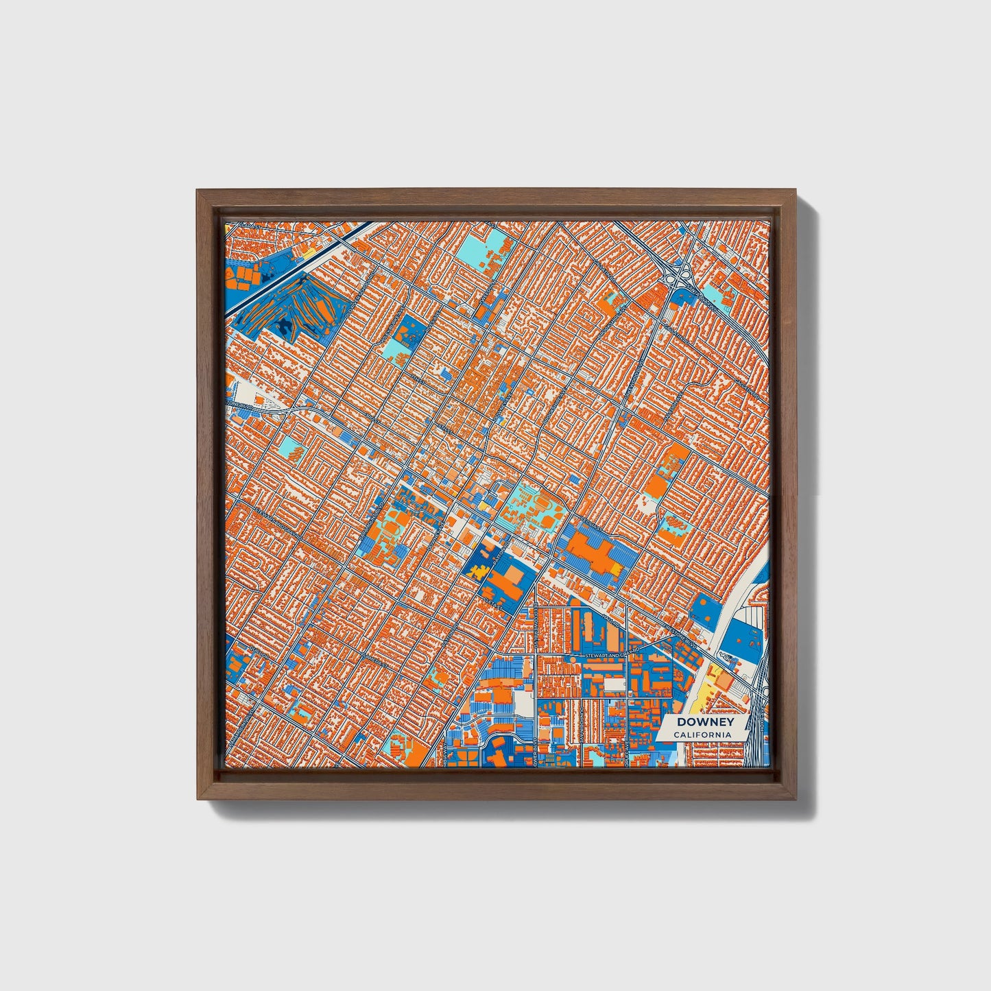 Downey California Colorful City Map Canvas Print • Dark Wooden Framed