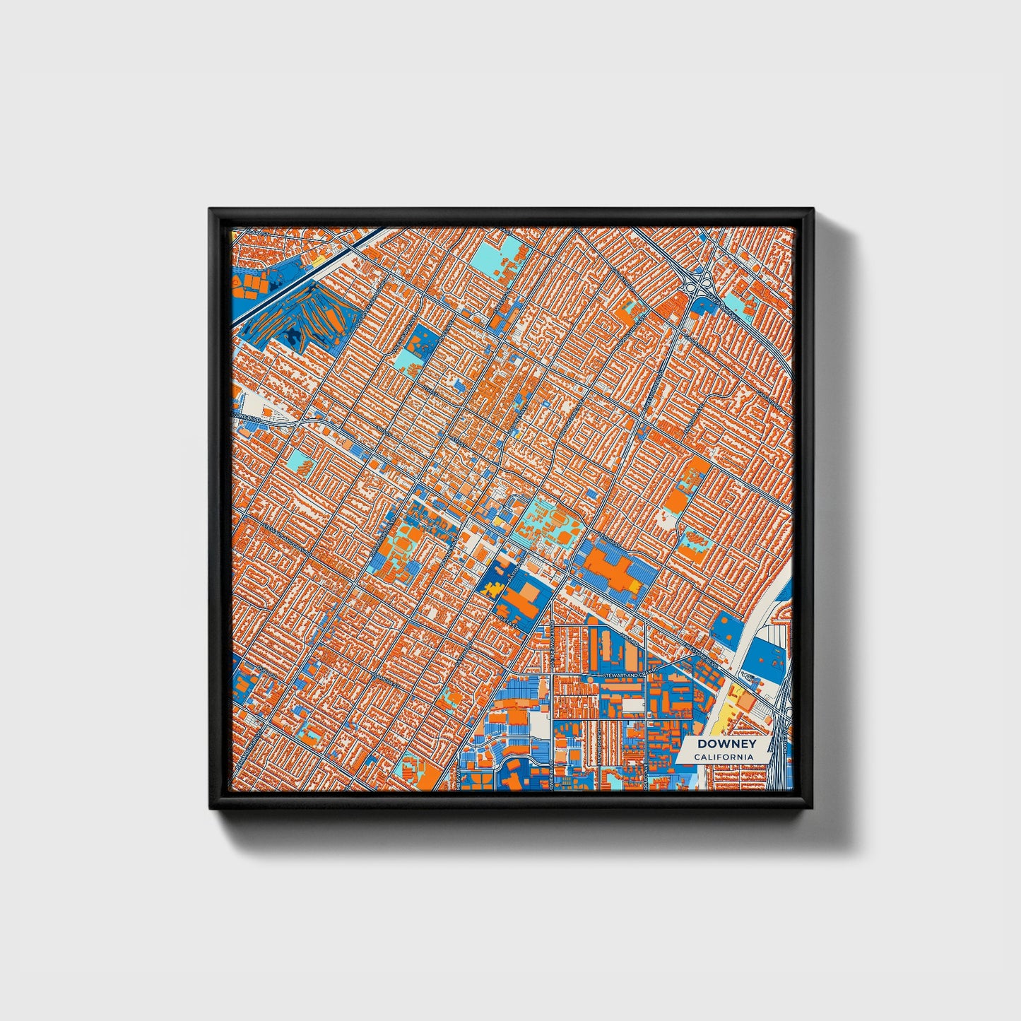 Downey California Colorful City Map Canvas Print • Black Framed