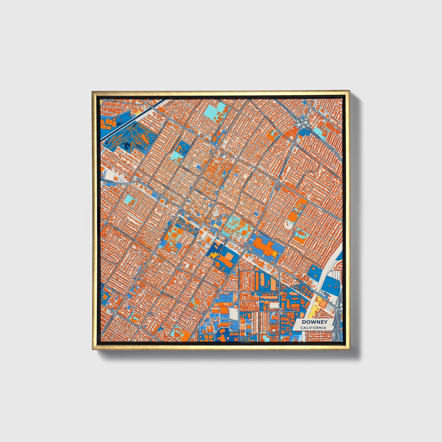 Downey California Colorful City Map Canvas Print • Gold Framed