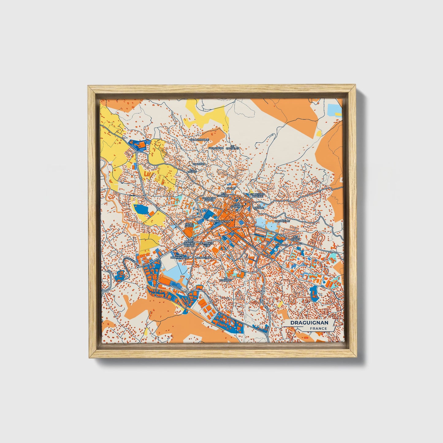 Draguignan France Colorful City Map Canvas Print • Natural Wooden Framed
