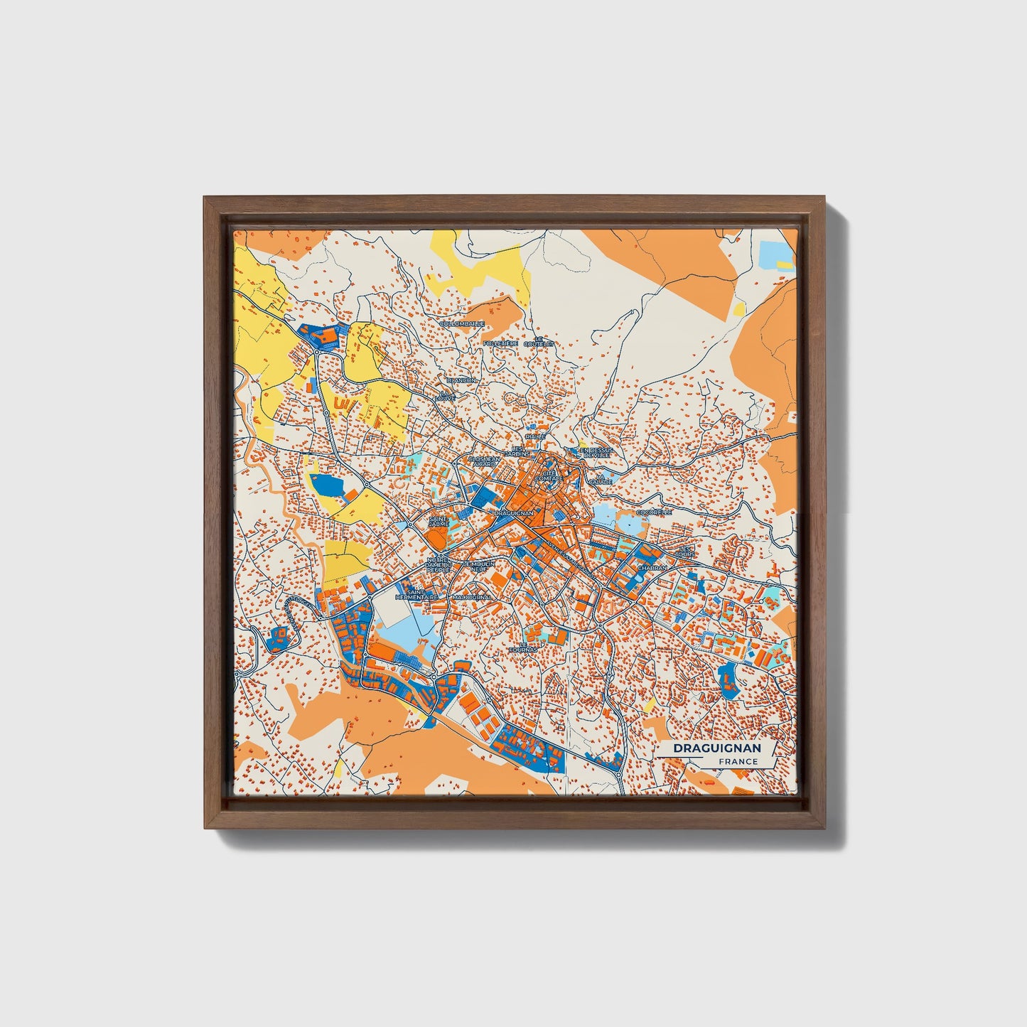 Draguignan France Colorful City Map Canvas Print • Dark Wooden Framed