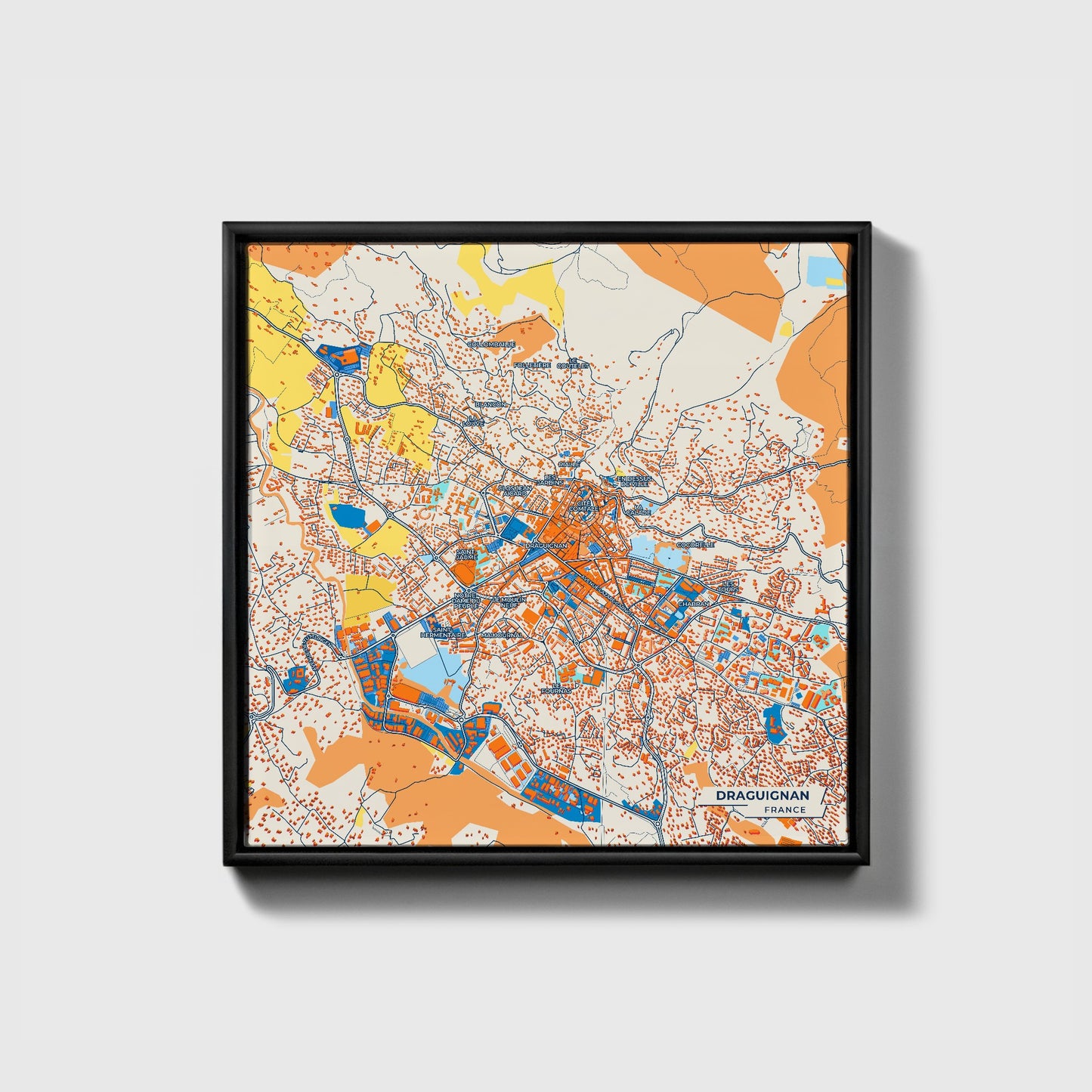 Draguignan France Colorful City Map Canvas Print • Black Framed