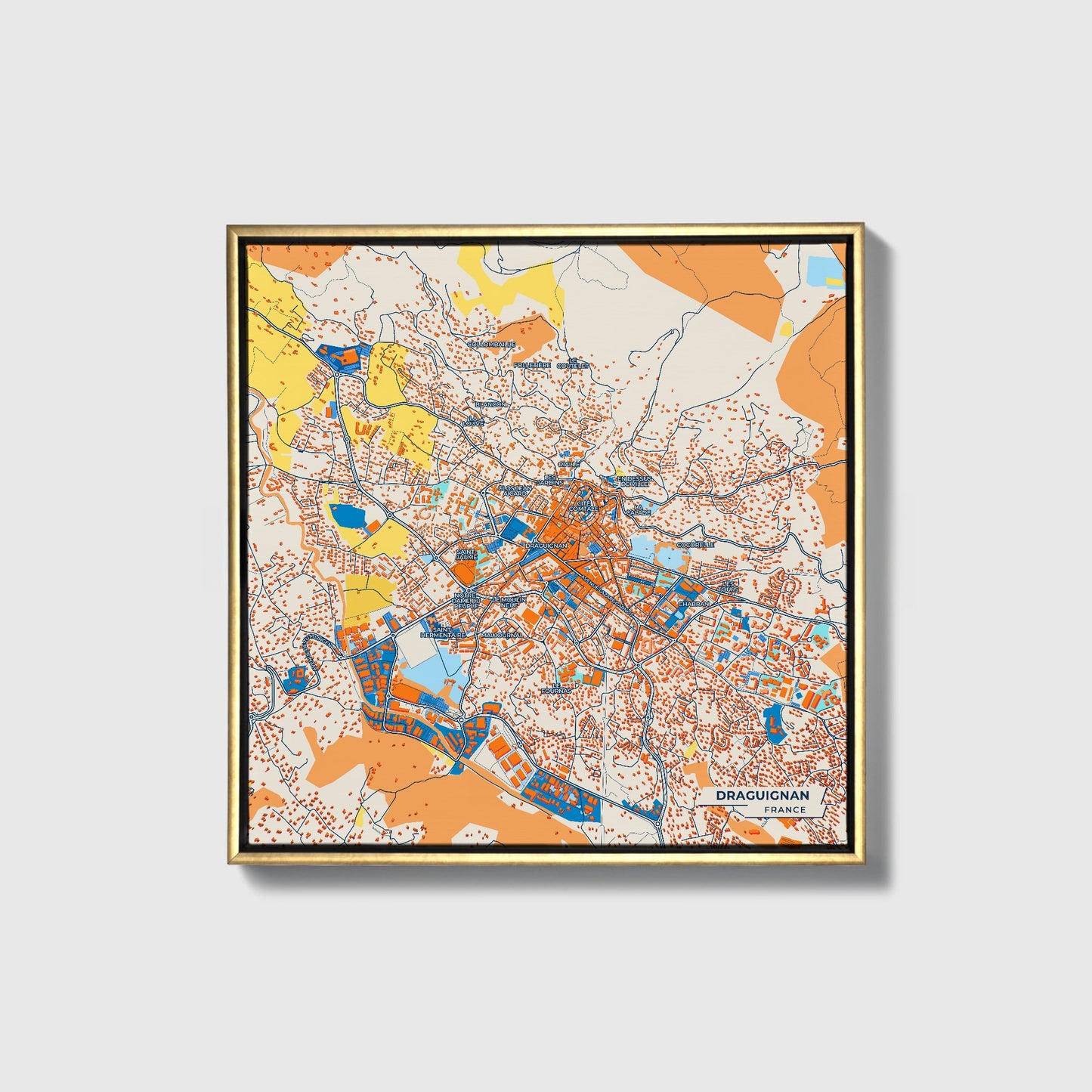 Draguignan France Colorful City Map Canvas Print • Gold Framed