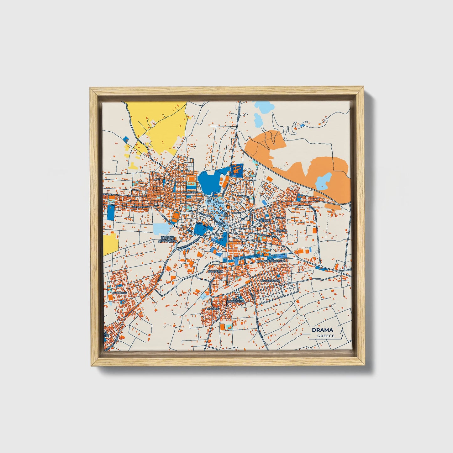 Δραμα Greece Colorful City Map Canvas Print • Natural Wooden Framed