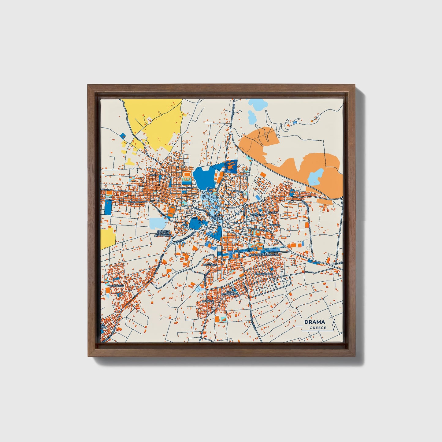 Δραμα Greece Colorful City Map Canvas Print • Dark Wooden Framed