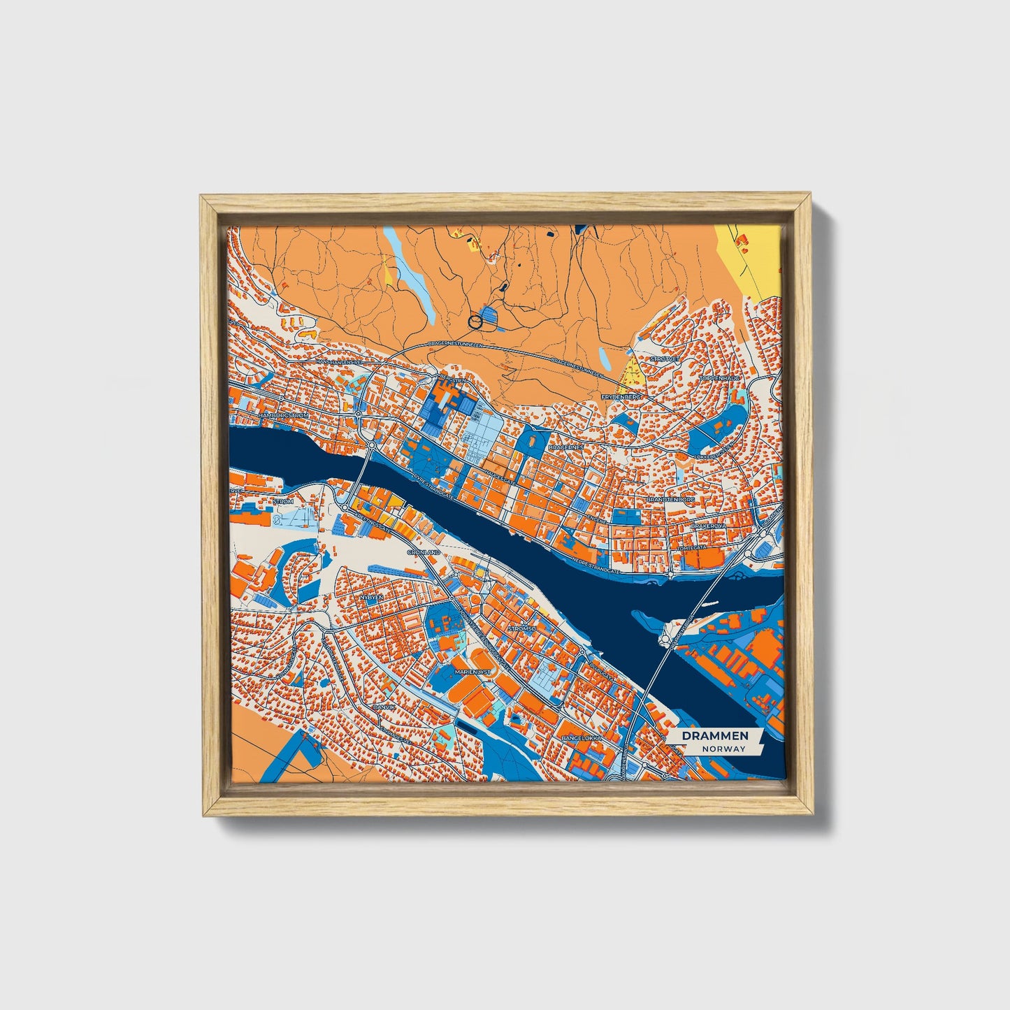 Drammen Norway Colorful City Map Canvas Print • Natural Wooden Framed