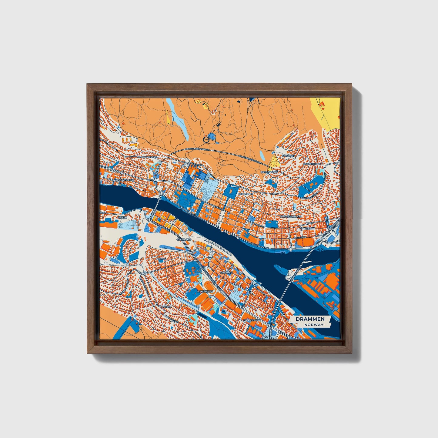 Drammen Norway Colorful City Map Canvas Print • Dark Wooden Framed