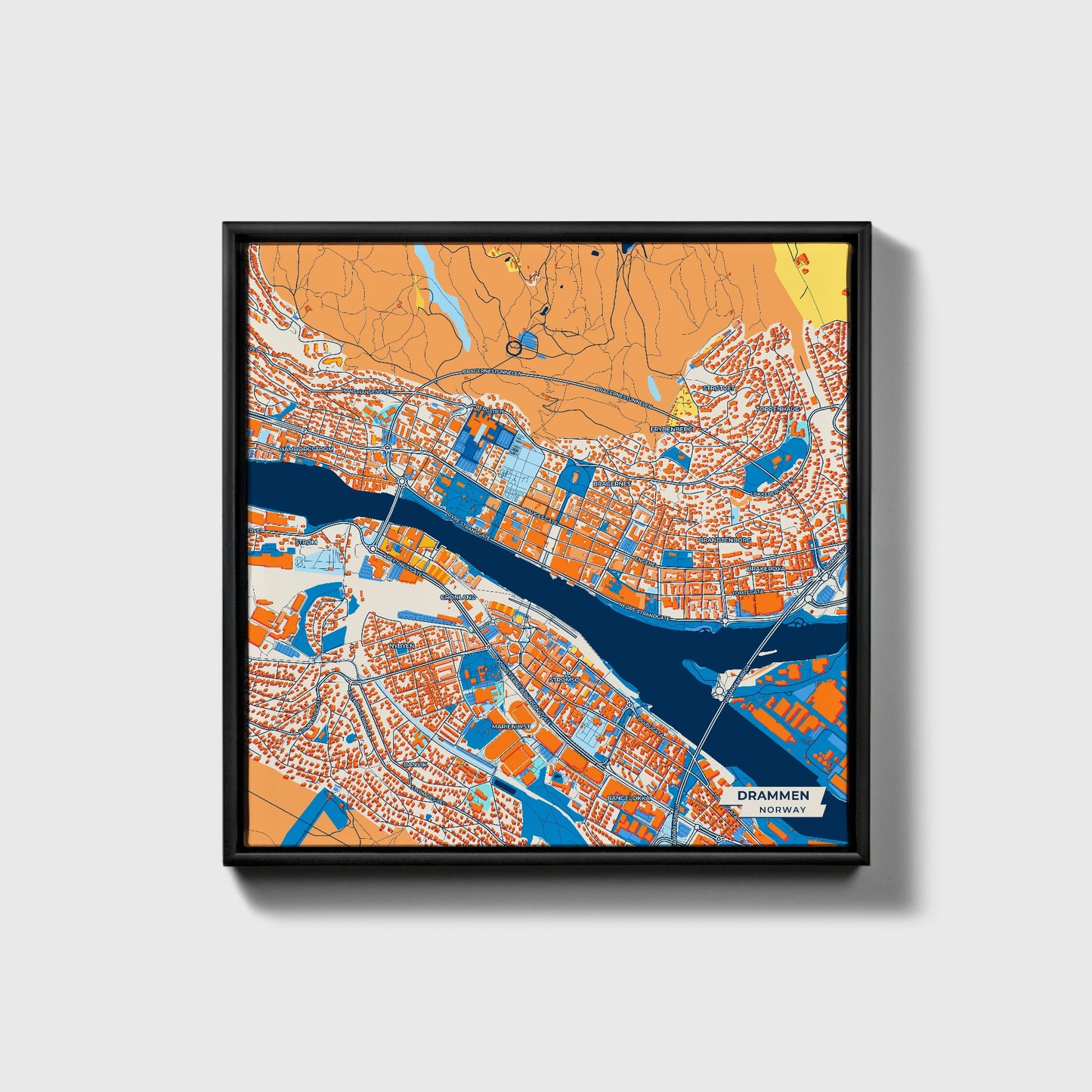 Drammen Norway Colorful City Map Canvas Print • Black Framed
