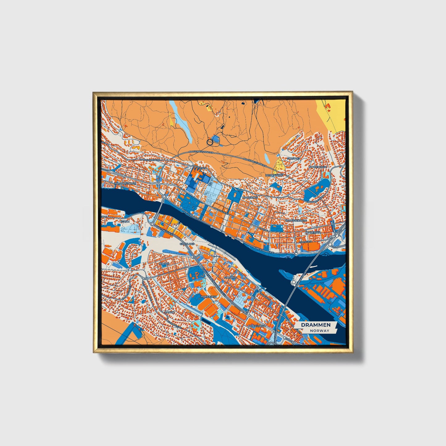 Drammen Norway Colorful City Map Canvas Print • Gold Framed