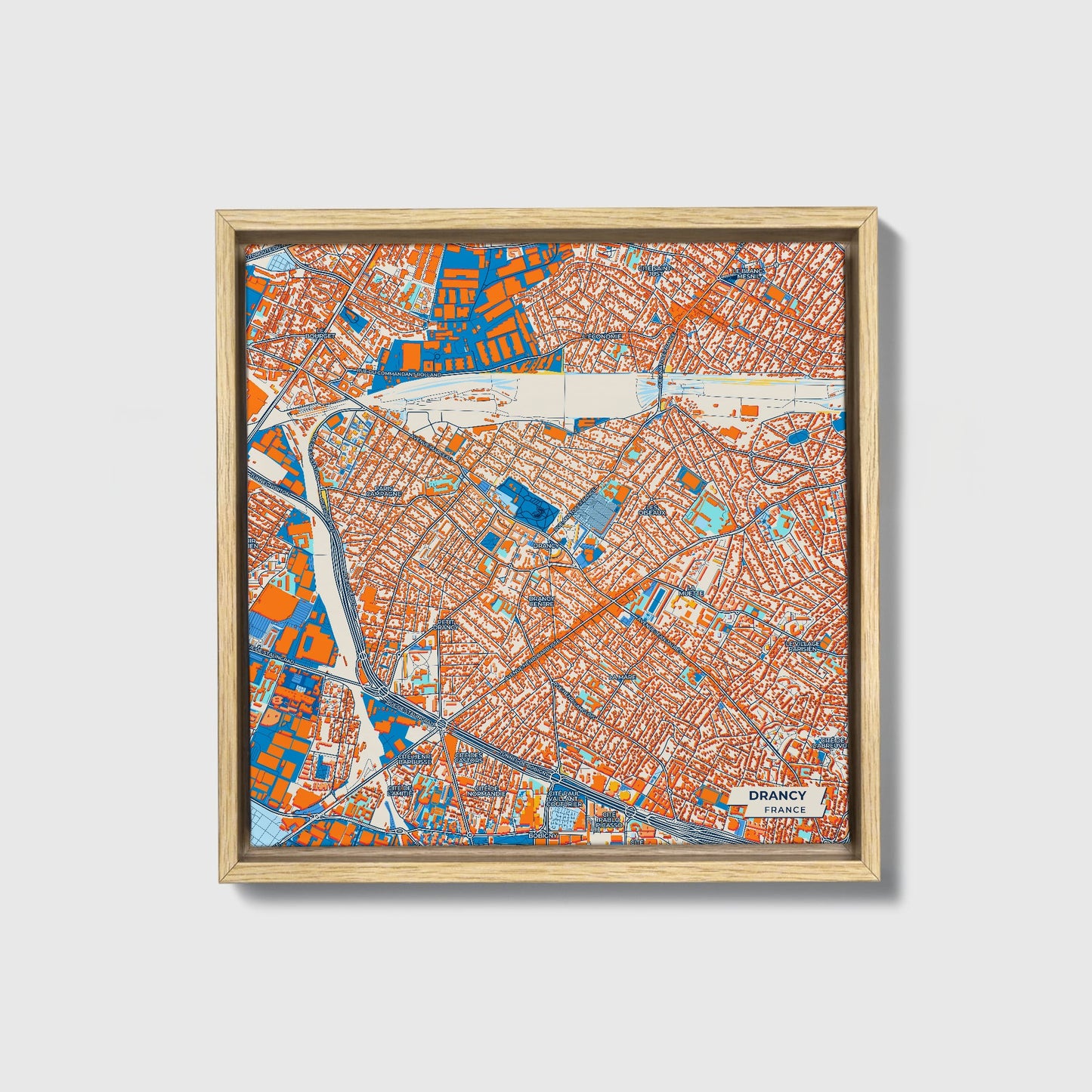 Drancy France Colorful City Map Canvas Print • Natural Wooden Framed