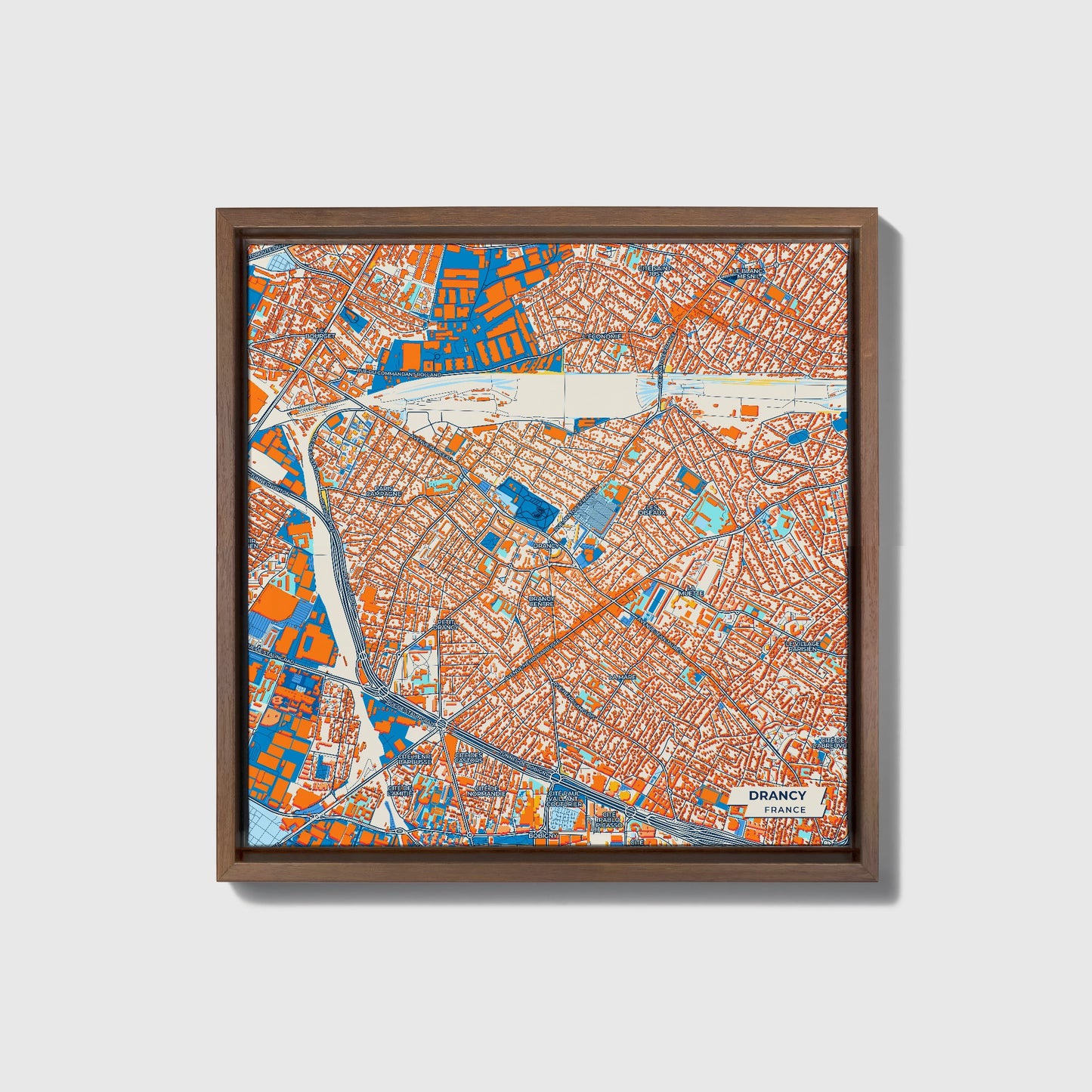 Drancy France Colorful City Map Canvas Print • Dark Wooden Framed
