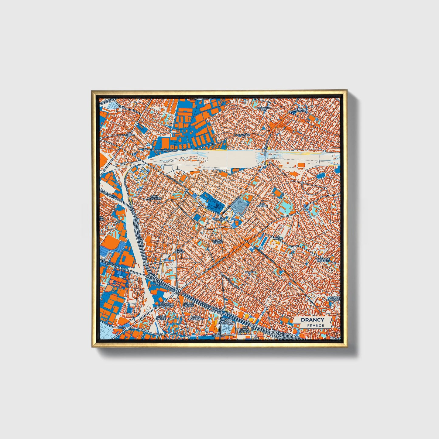 Drancy France Colorful City Map Canvas Print • Gold Framed