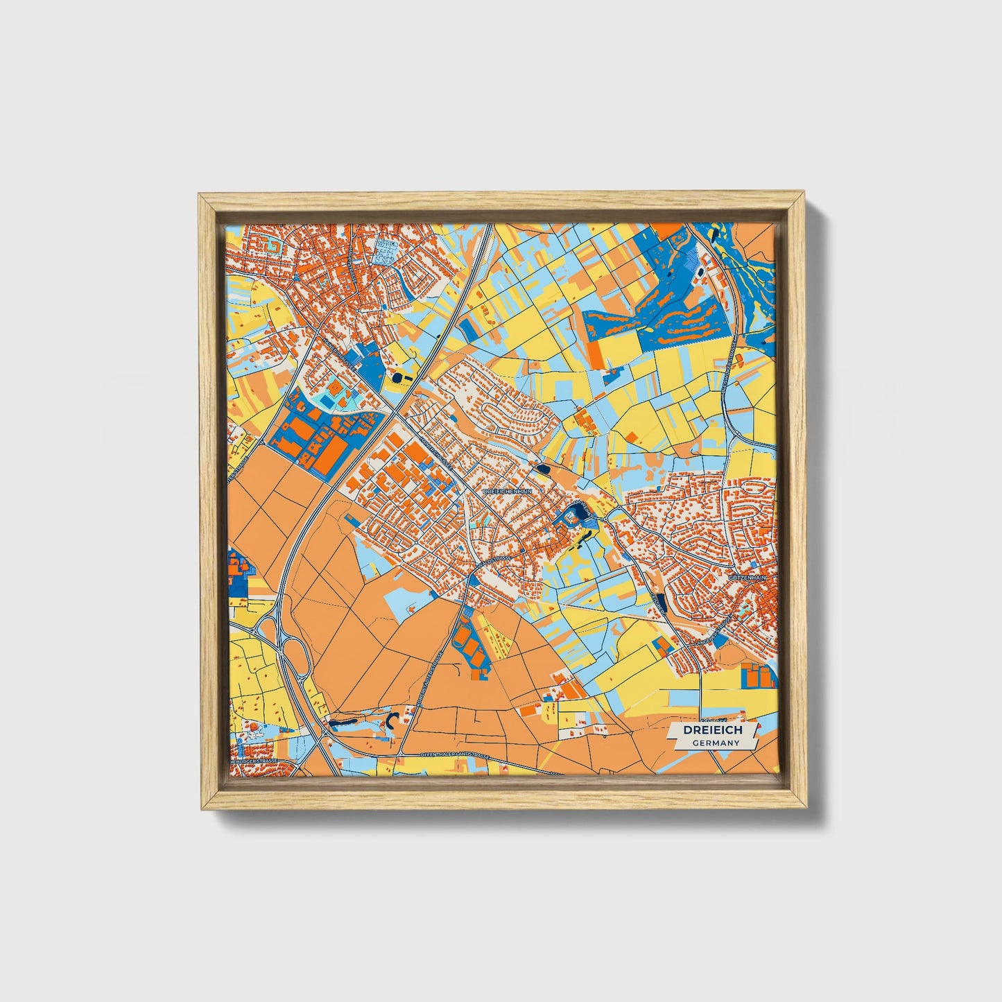 Dreieich Germany Colorful City Map Canvas Print • Natural Wooden Framed