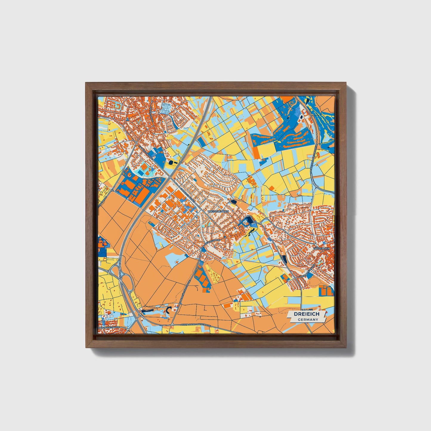 Dreieich Germany Colorful City Map Canvas Print • Dark Wooden Framed