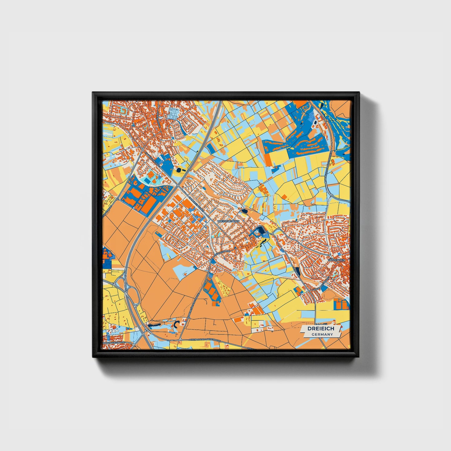 Dreieich Germany Colorful City Map Canvas Print • Black Framed