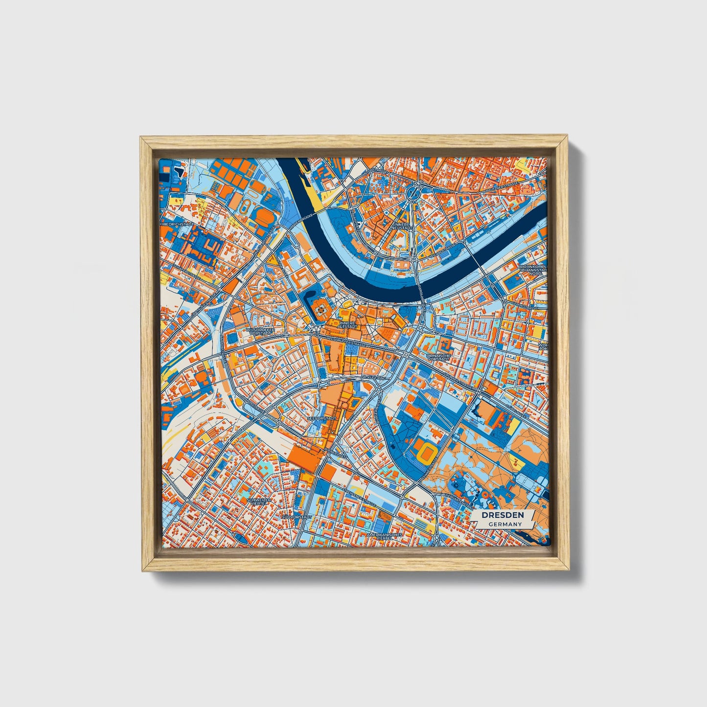 Dresden Germany Colorful City Map Canvas Print • Natural Wooden Framed