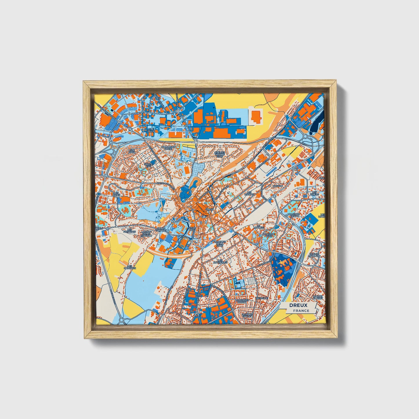 Dreux France Colorful City Map Canvas Print • Natural Wooden Framed